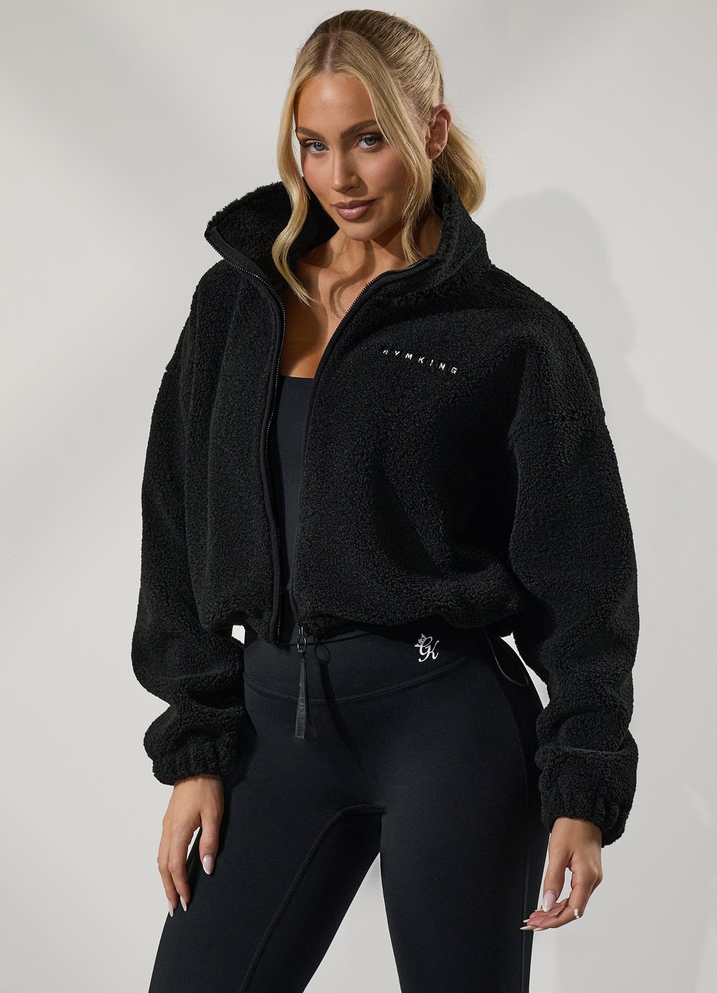 Gym King Linear Cropped Borg Full Zip - Black