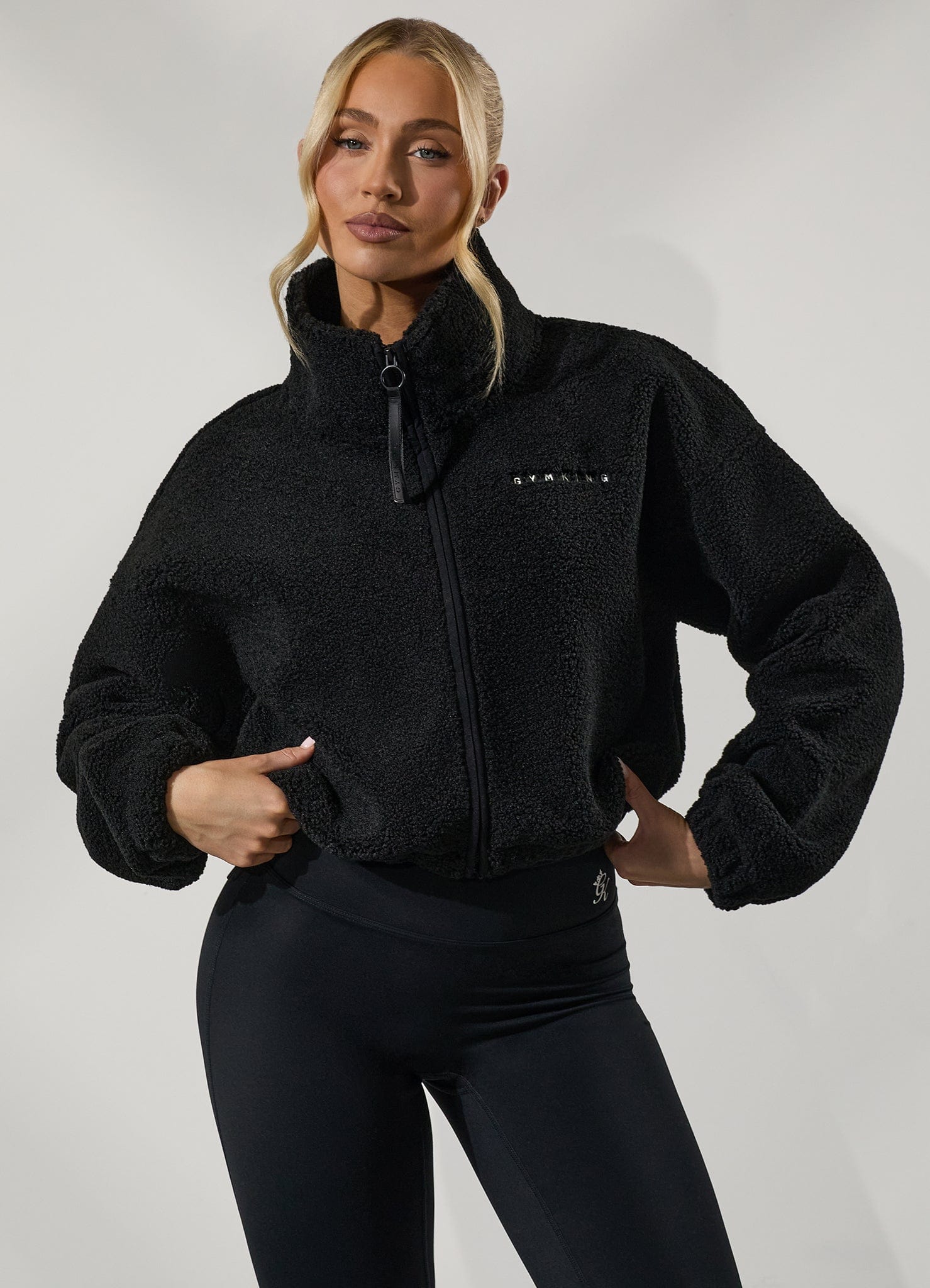 Gym King Linear Cropped Borg Full Zip - Black