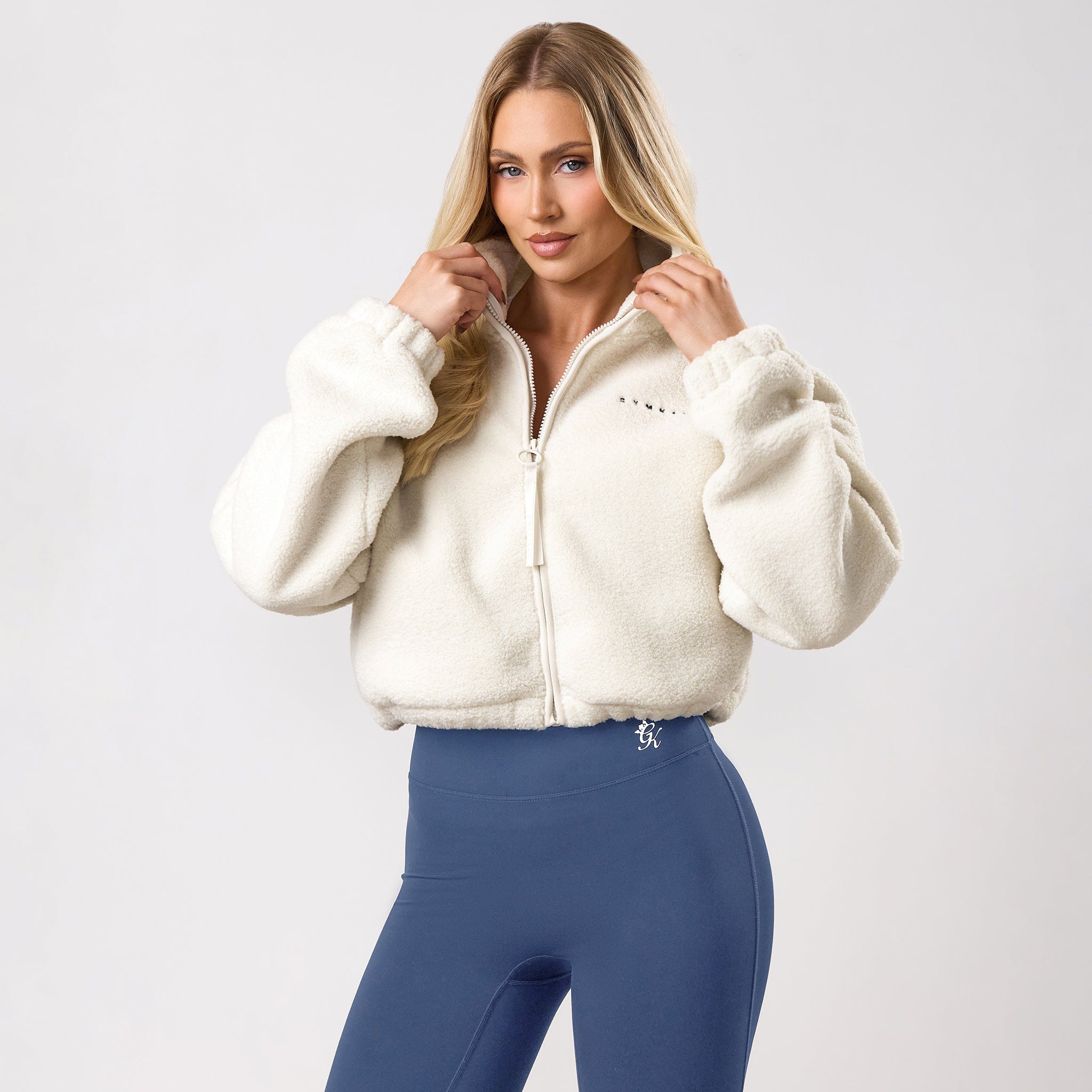 Gym King Linear Cropped Borg Full Zip - Cream