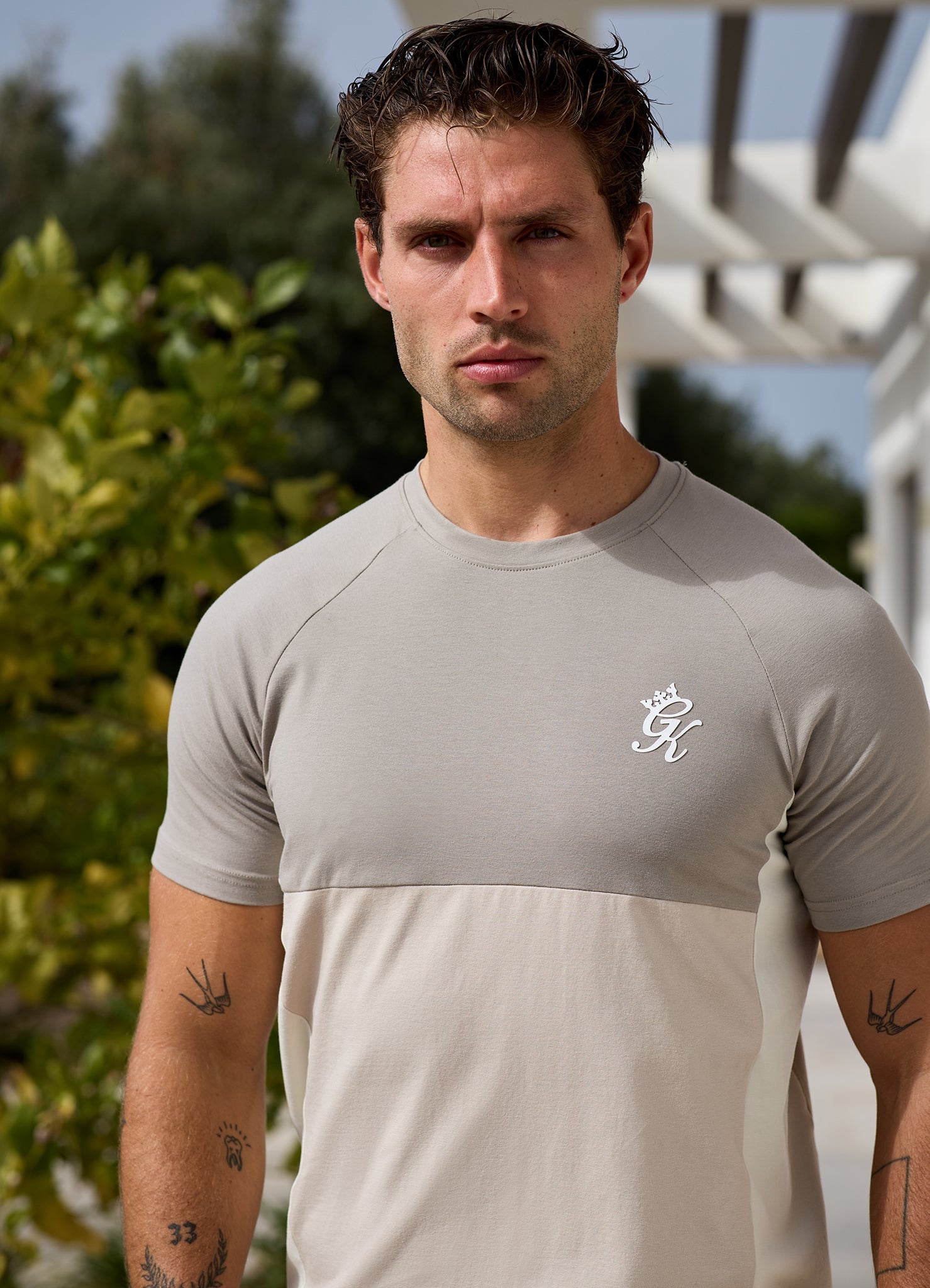 Gym King Contrast Panel Jersey Tee - Light Stone/Taupe/White