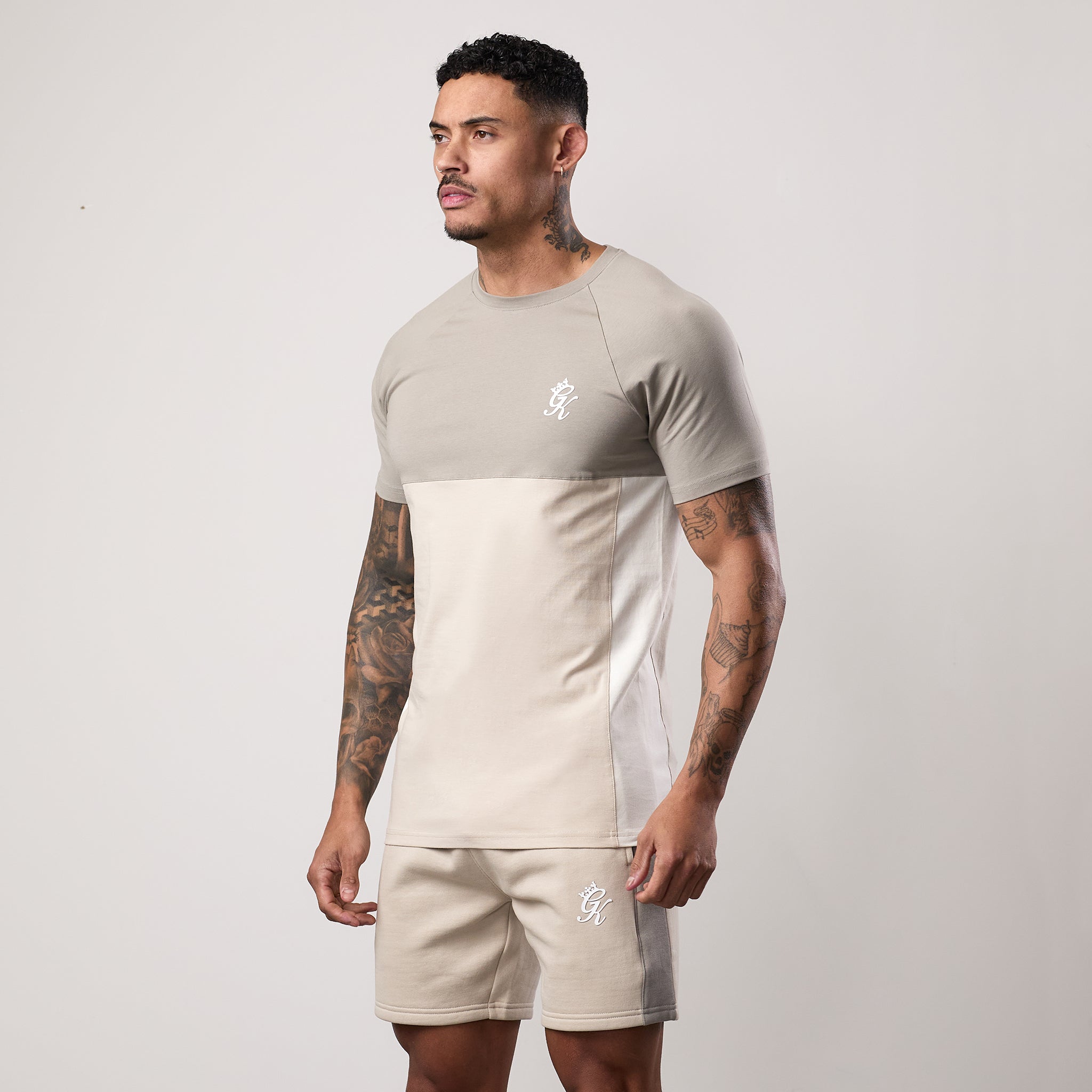 Gym King Contrast Panel Jersey Tee - Light Stone/Taupe/White
