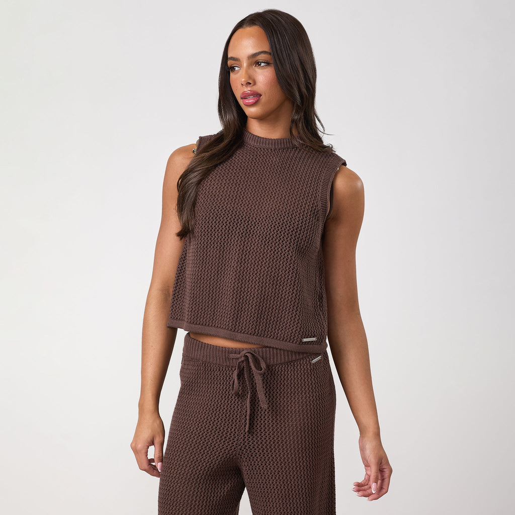Gym King Crochet Tie Back Vest - Coffee