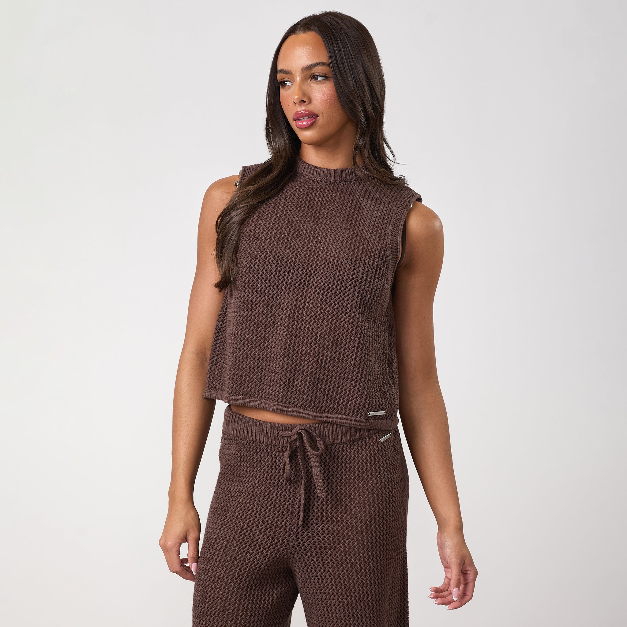 Gym King Crochet Tie Back Vest - Coffee
