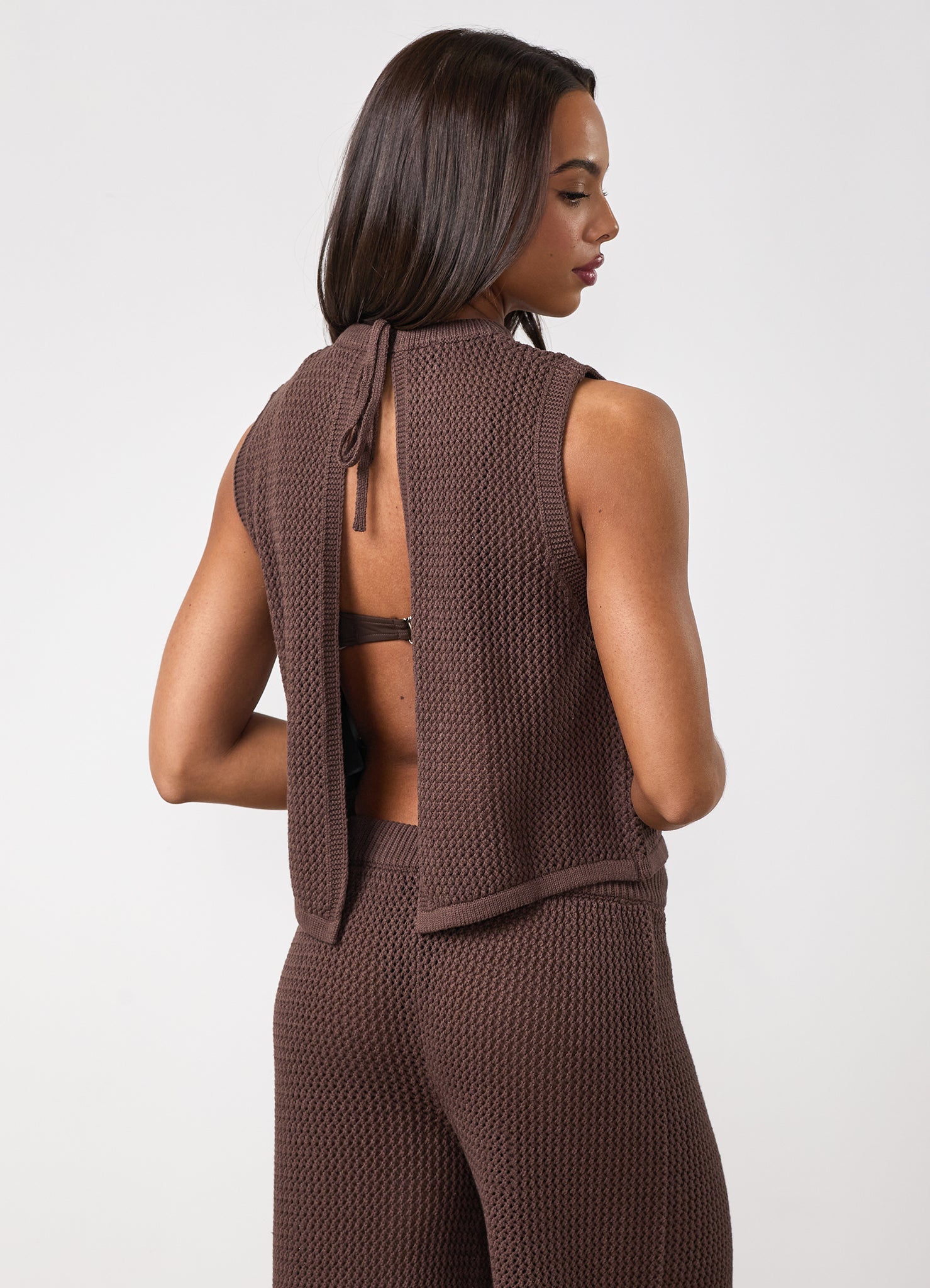 Gym King Crochet Tie Back Vest - Coffee