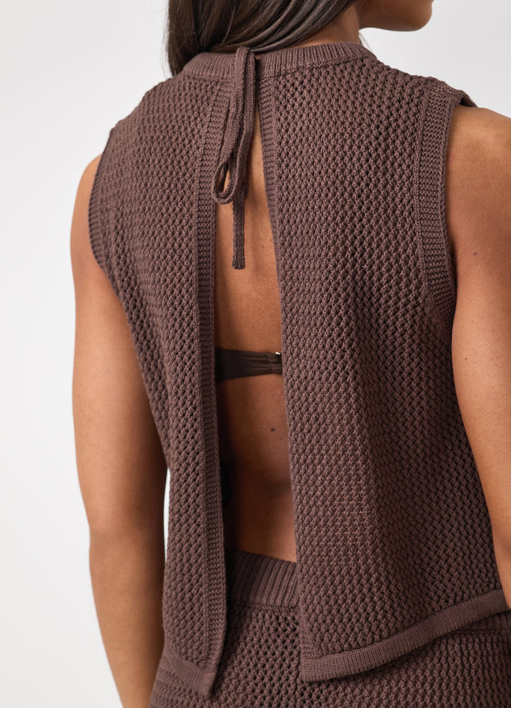 Gym King Crochet Tie Back Vest - Coffee