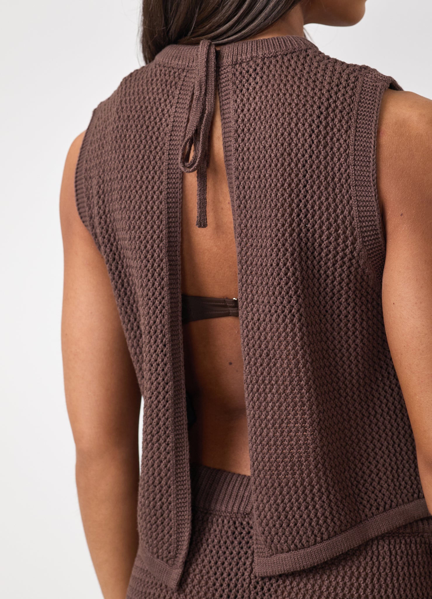 Gym King Crochet Tie Back Vest - Coffee