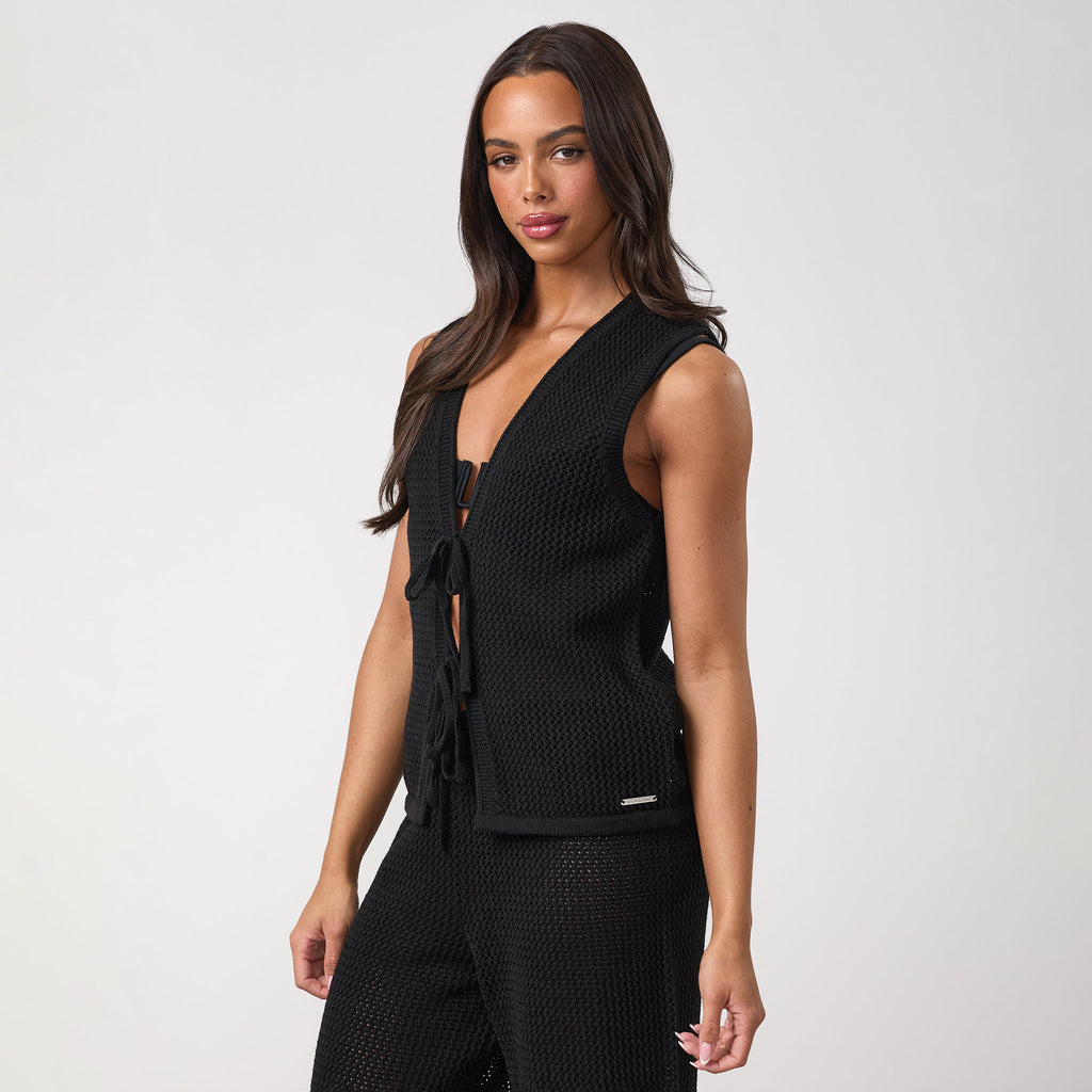 Gym King Crochet Tie Front Vest - Black