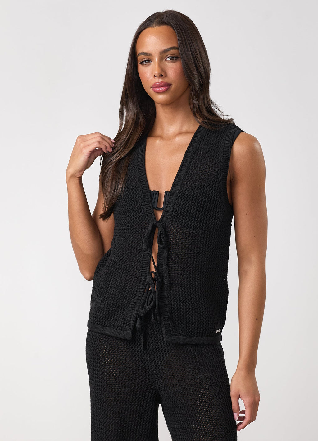 Gym King Crochet Tie Front Vest - Black
