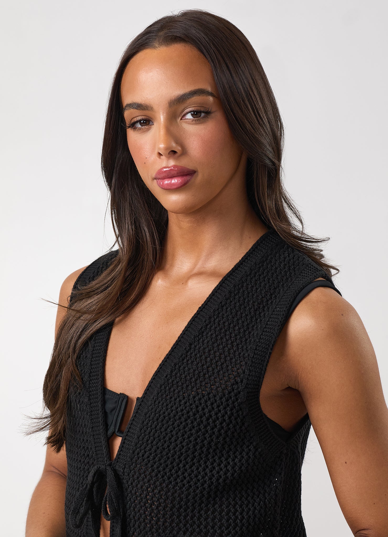 Gym King Crochet Tie Front Vest - Black