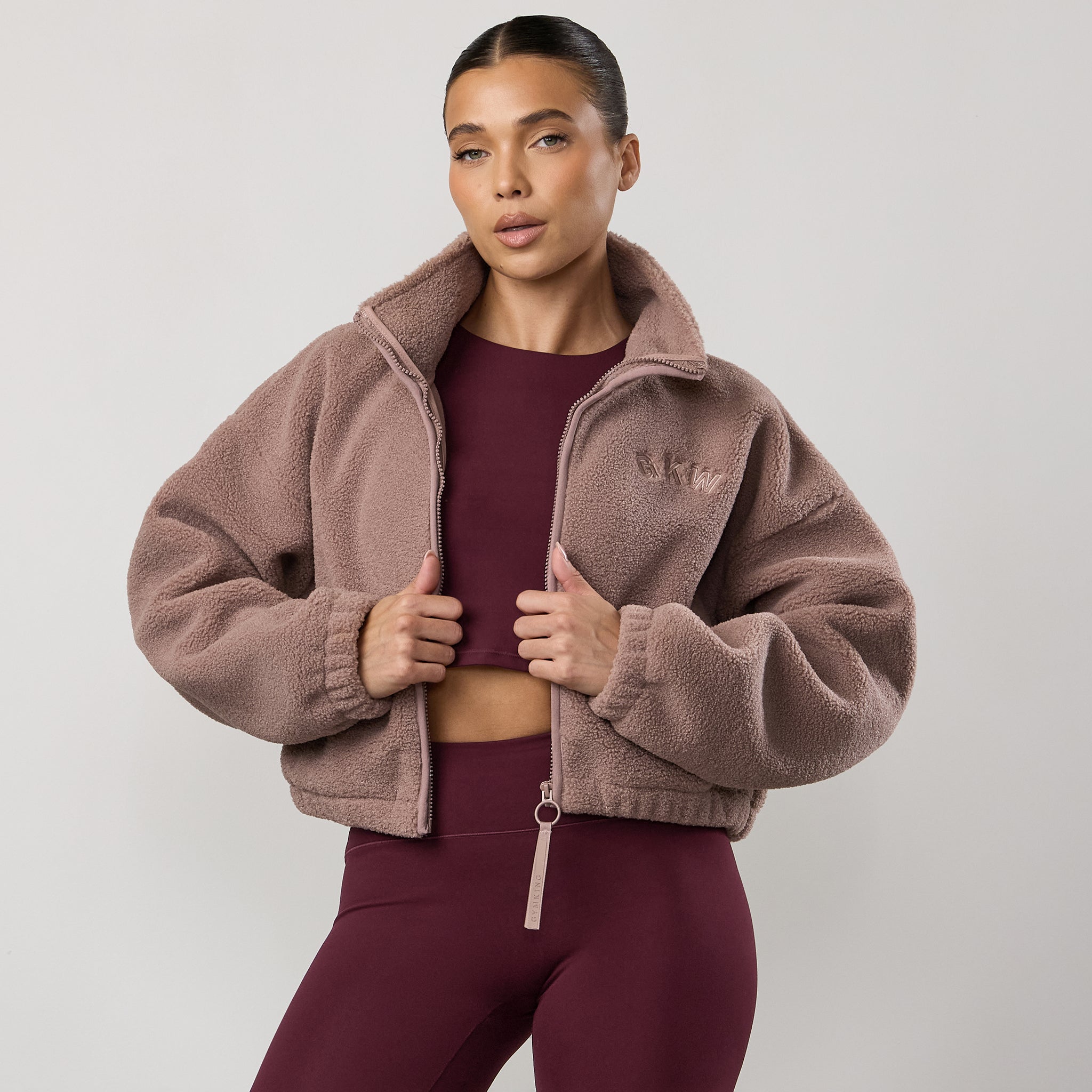 Gym King Cropped Borg Full Zip - Fawn