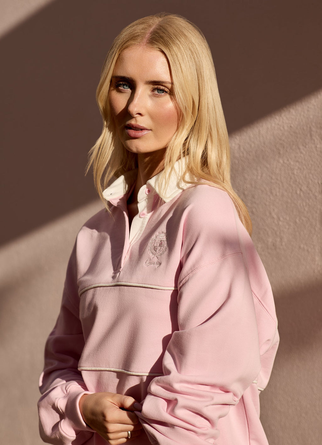 Gym King Heritage Loopback Long Sleeve Polo - Soft Pink
