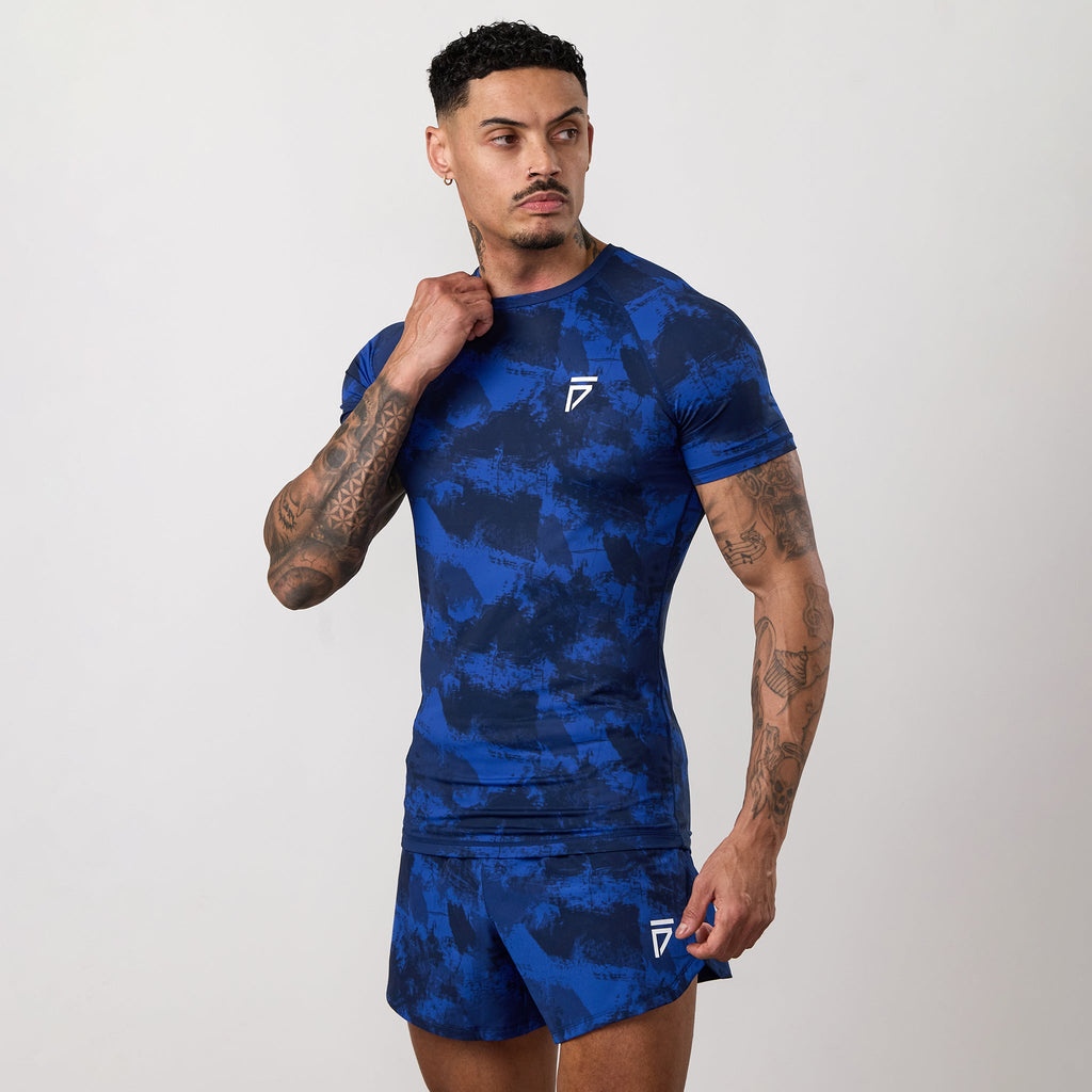 Gym King Fight Division Combat Short Sleeve Rash Guard - Blue Abstract Print