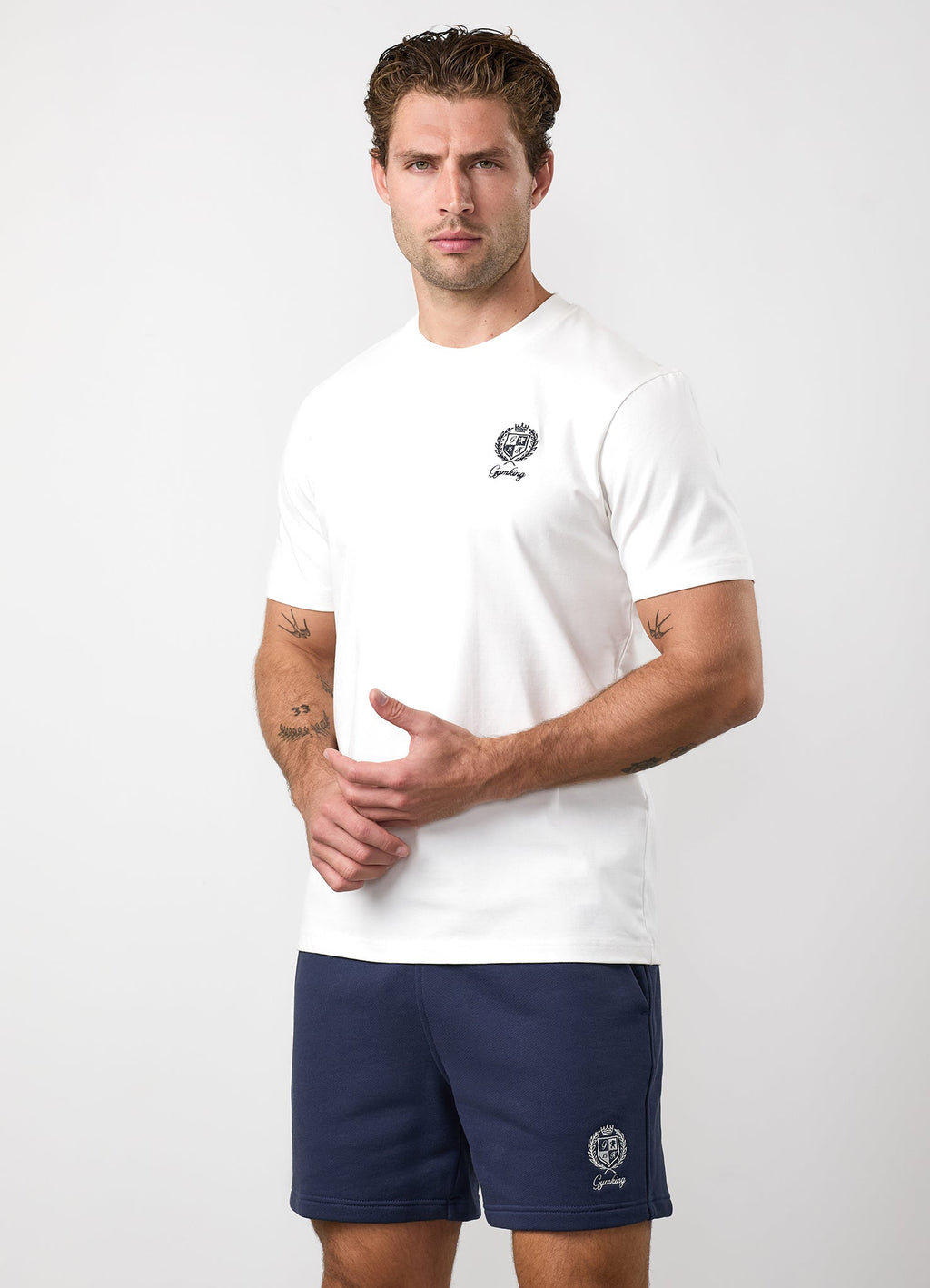 Gym King Heritage Crest Jersey Tee - Cream/Indigo Blue