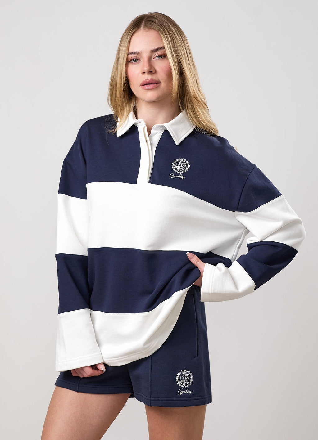 Gym King Heritage Loopback Rugby Shirt - Cream/Indigo Blue