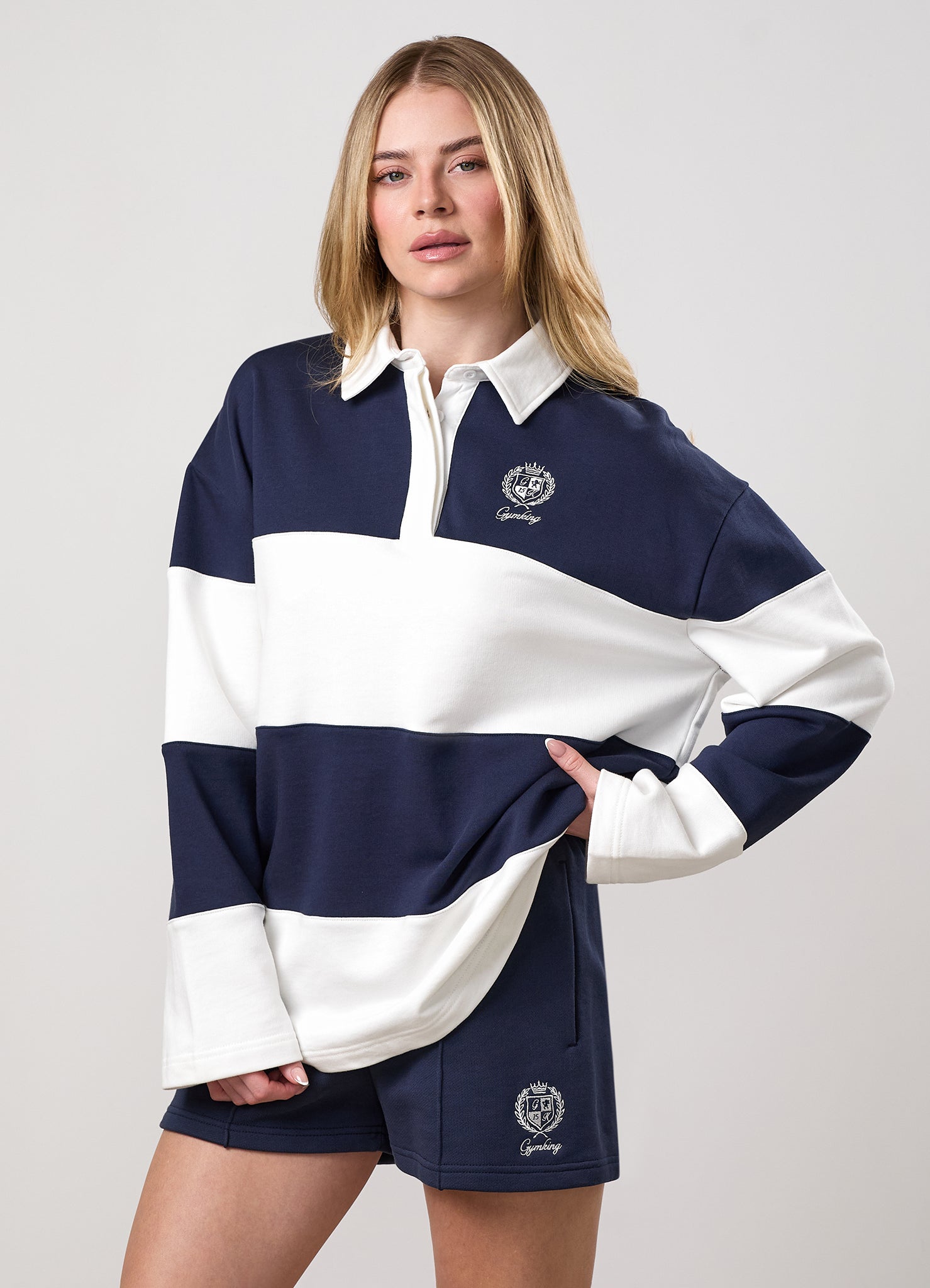 Gym King Heritage Loopback Rugby Shirt - Cream/Indigo Blue