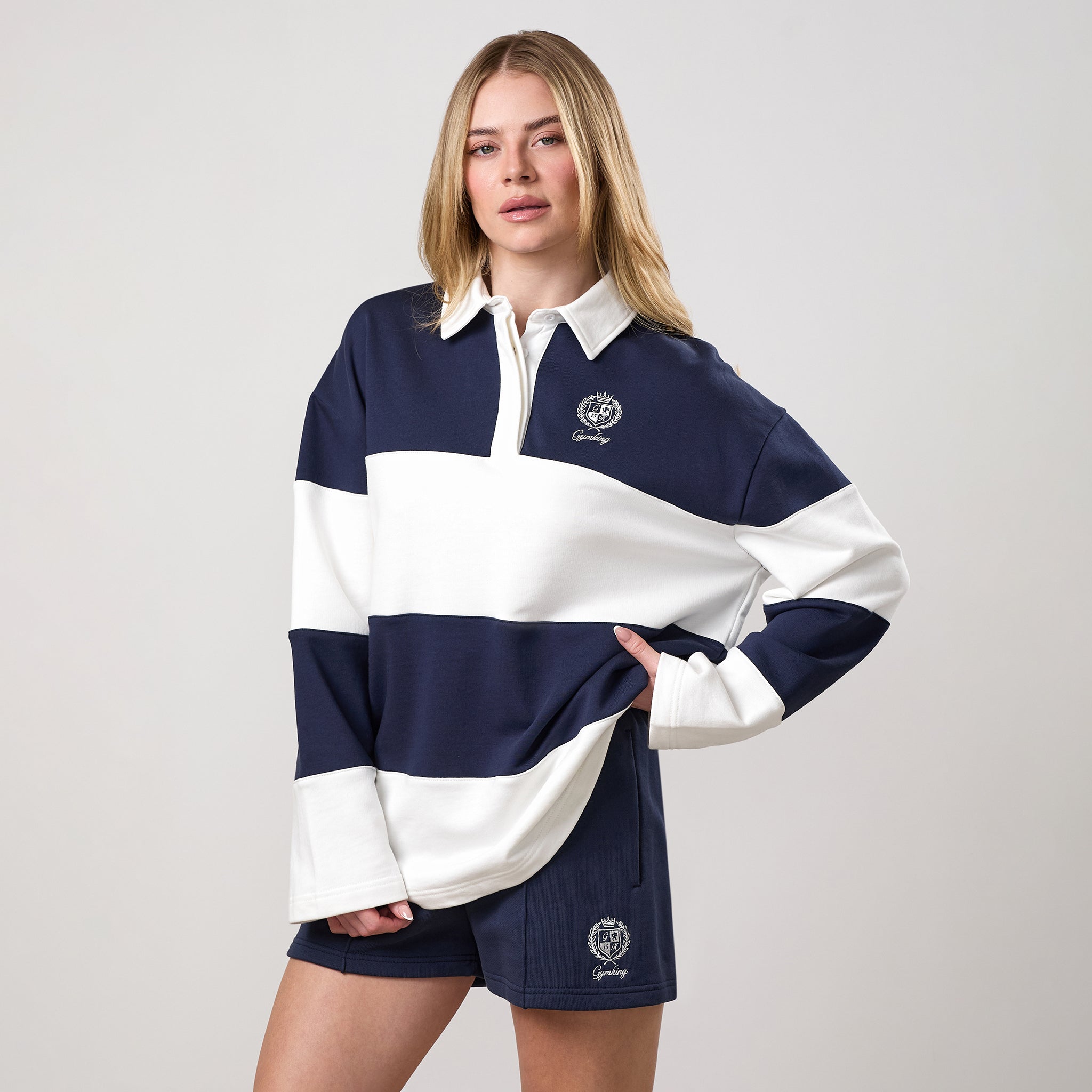 Gym King Heritage Loopback Rugby Shirt - Cream/Indigo Blue
