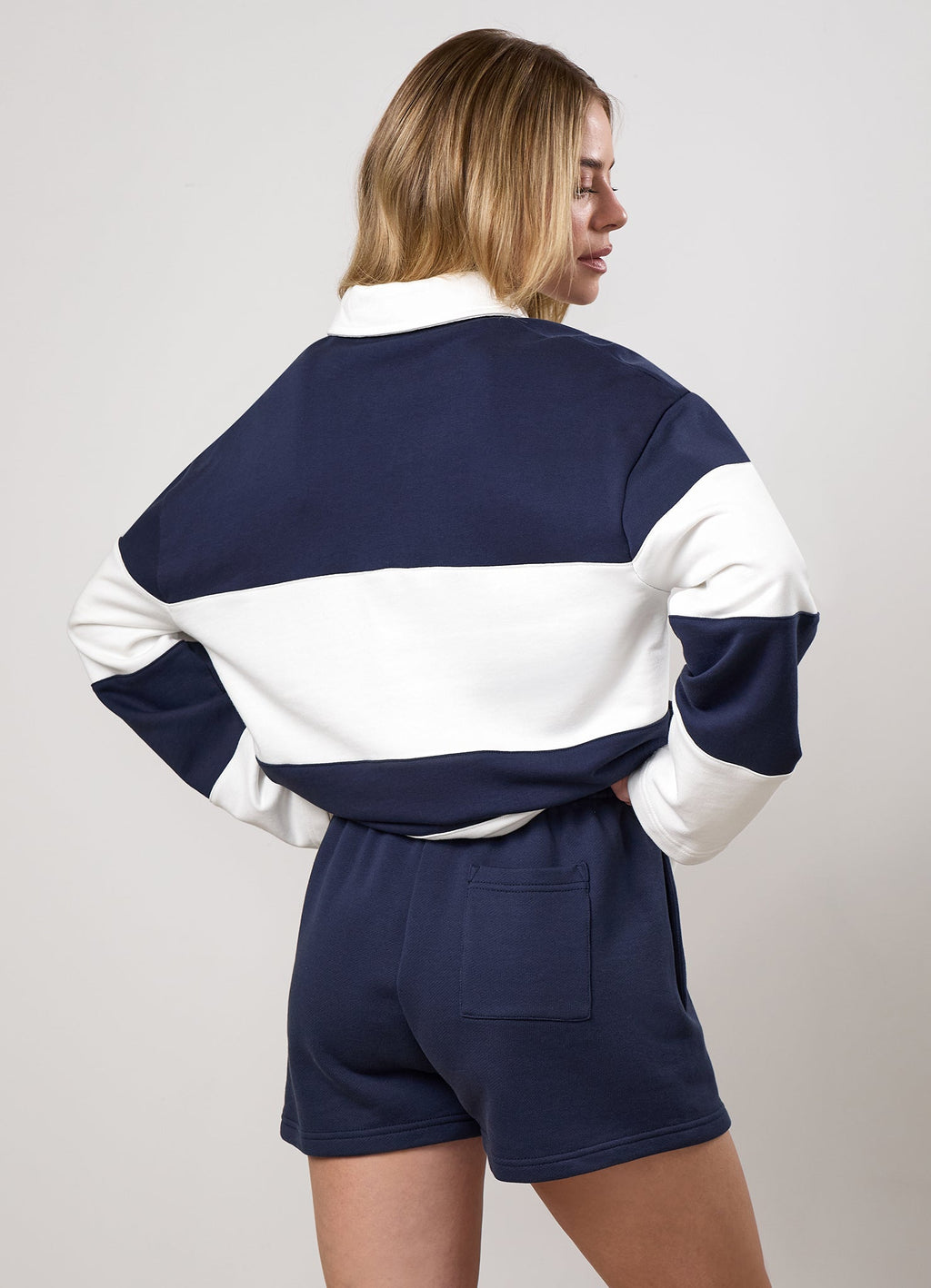 Gym King Heritage Loopback Rugby Shirt - Cream/Indigo Blue