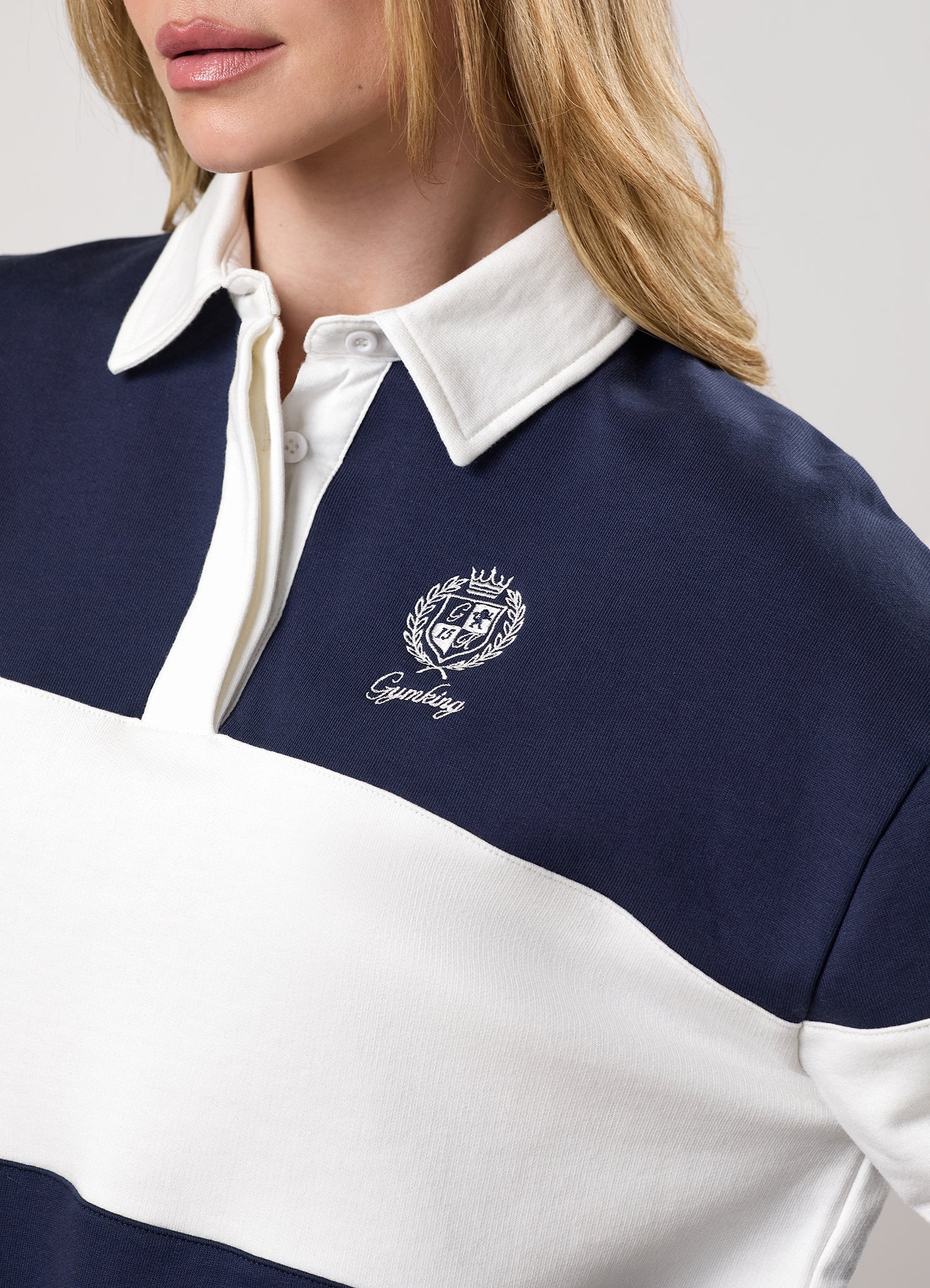 Gym King Heritage Loopback Rugby Shirt - Cream/Indigo Blue