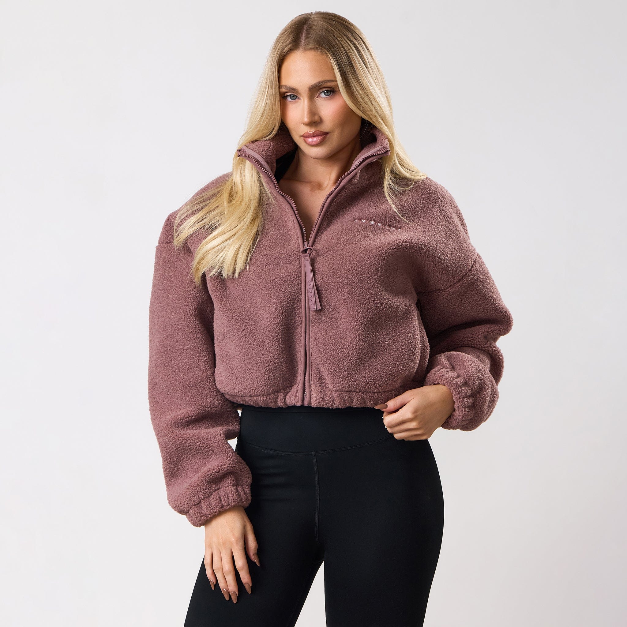 Gym King Linear Cropped Borg Full Zip - Brown Plum