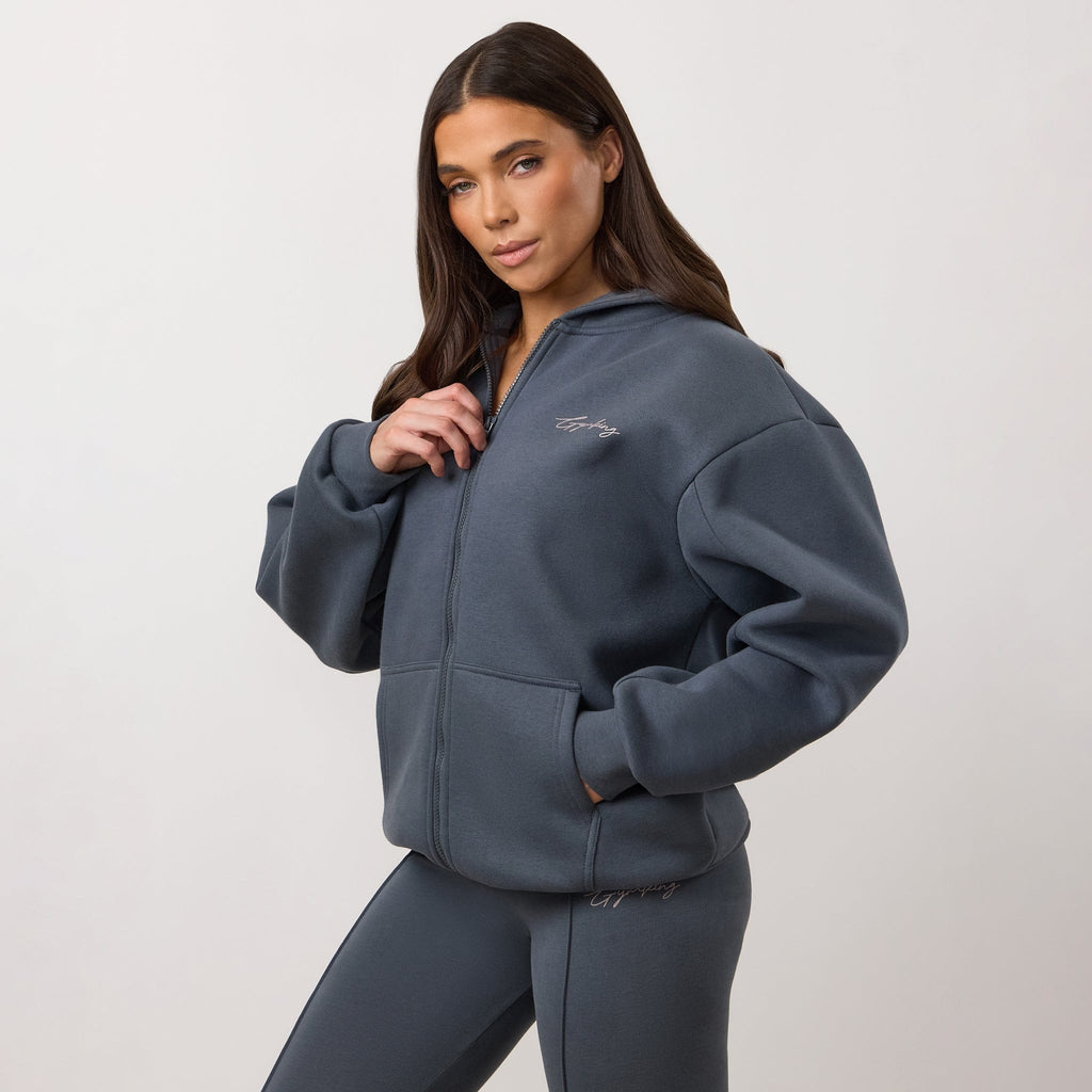 Gym King Poise Oversized Graphic Full Zip Hoodie - Storm Blue