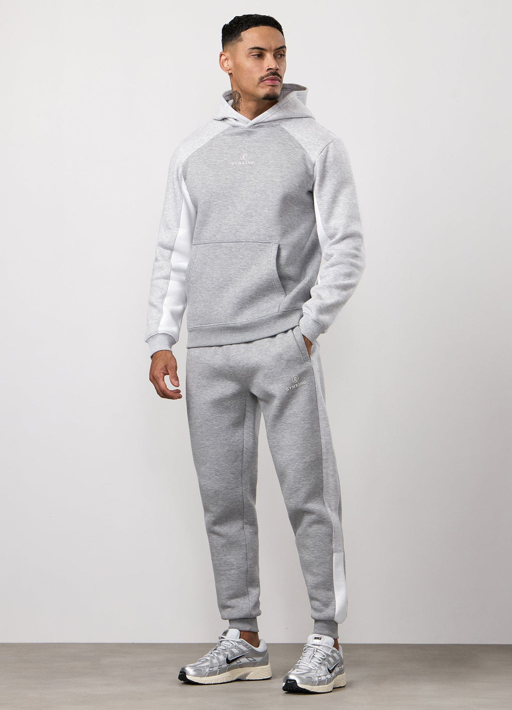 Gym King Power Colour Block Fleece Hoodie - Light Grey/Snow Marl/White