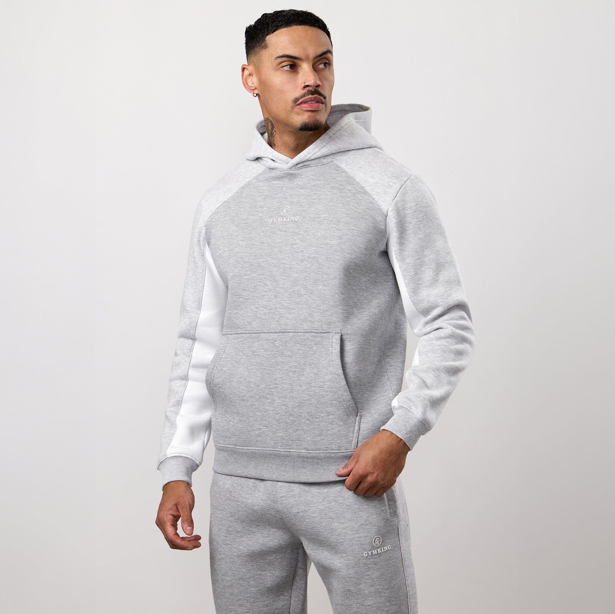 Gym King Power Colour Block Fleece Hoodie - Light Grey/Snow Marl/White