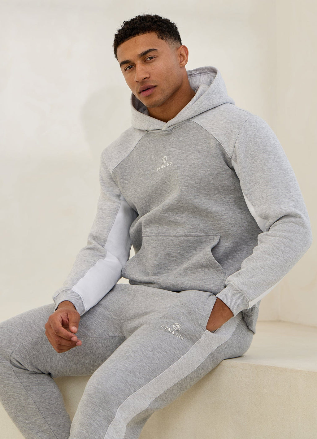 Gym King Power Colour Block Fleece Hoodie - Light Grey/Snow Marl/White