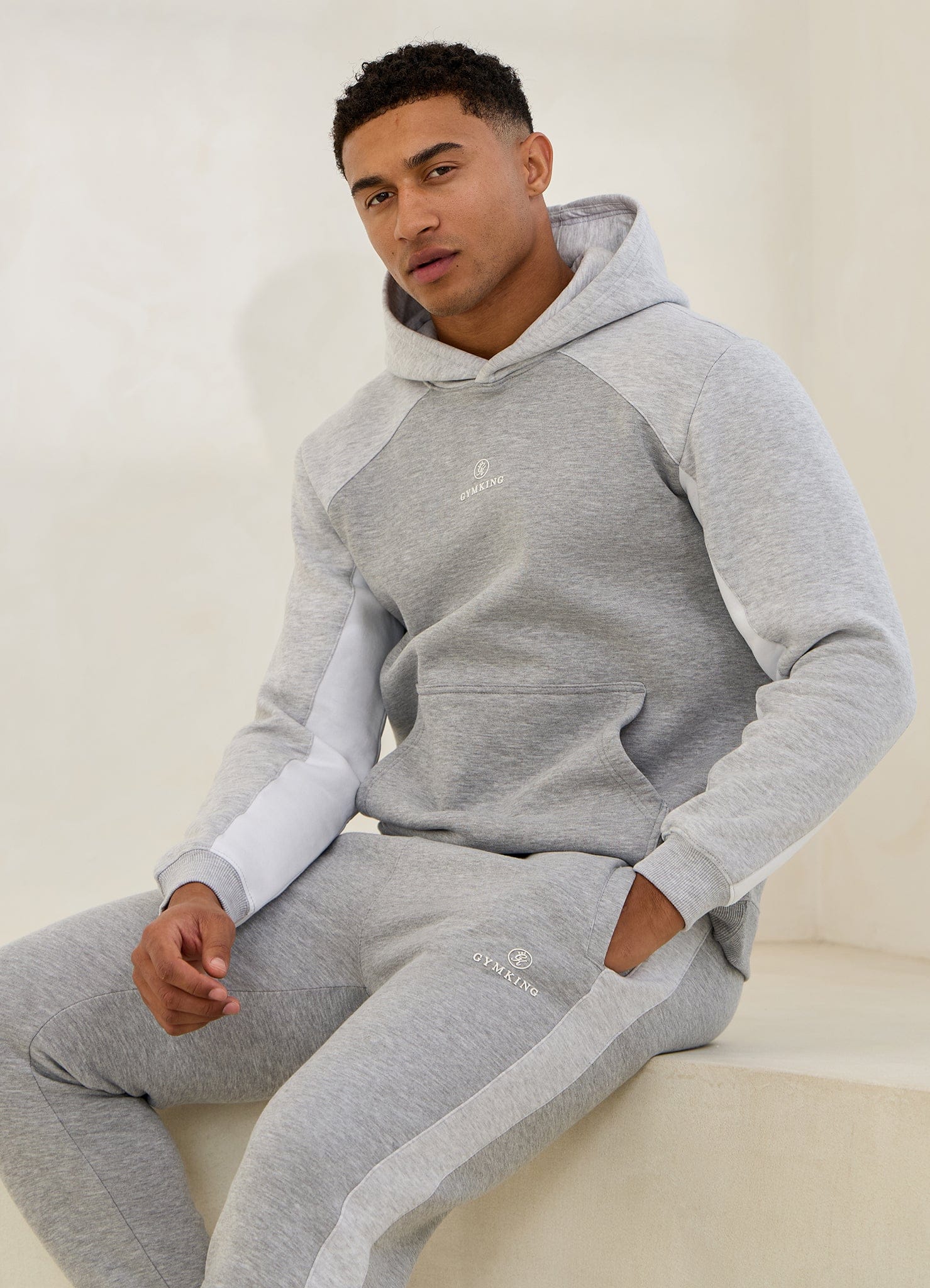 Gym King Power Colour Block Fleece Hoodie - Light Grey/Snow Marl/White