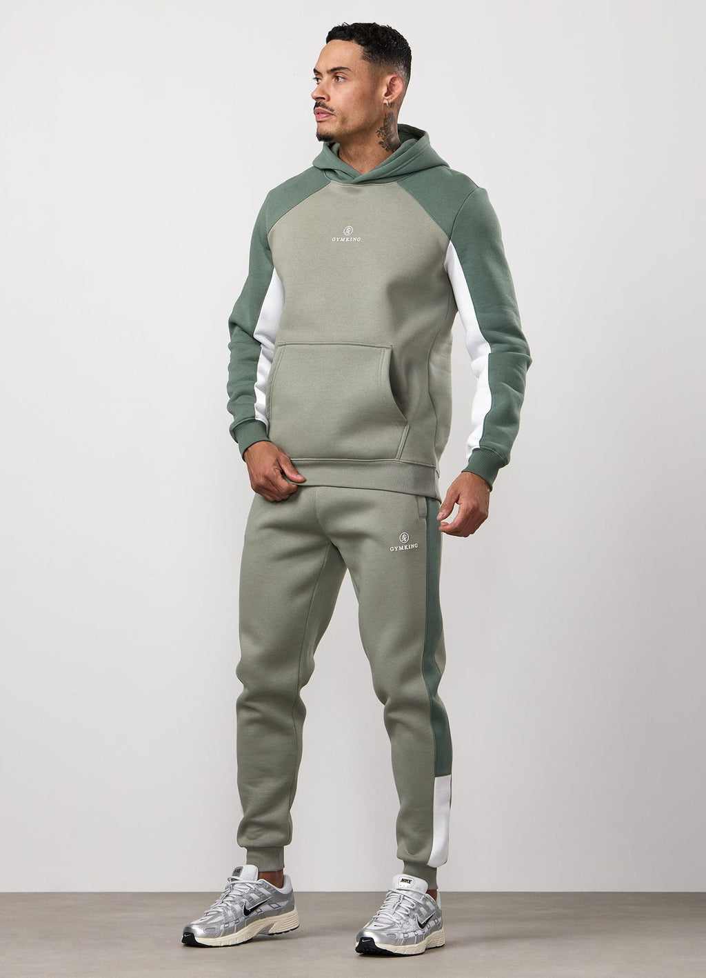 Gym King Power Colour Block Fleece Hoodie - Soft Khaki/Fern Green/White
