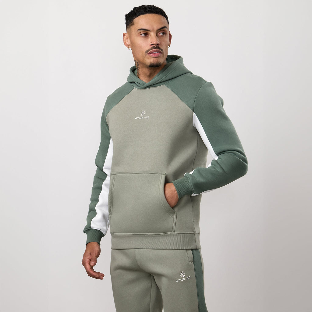 Gym King Power Colour Block Fleece Hoodie - Soft Khaki/Fern Green/White