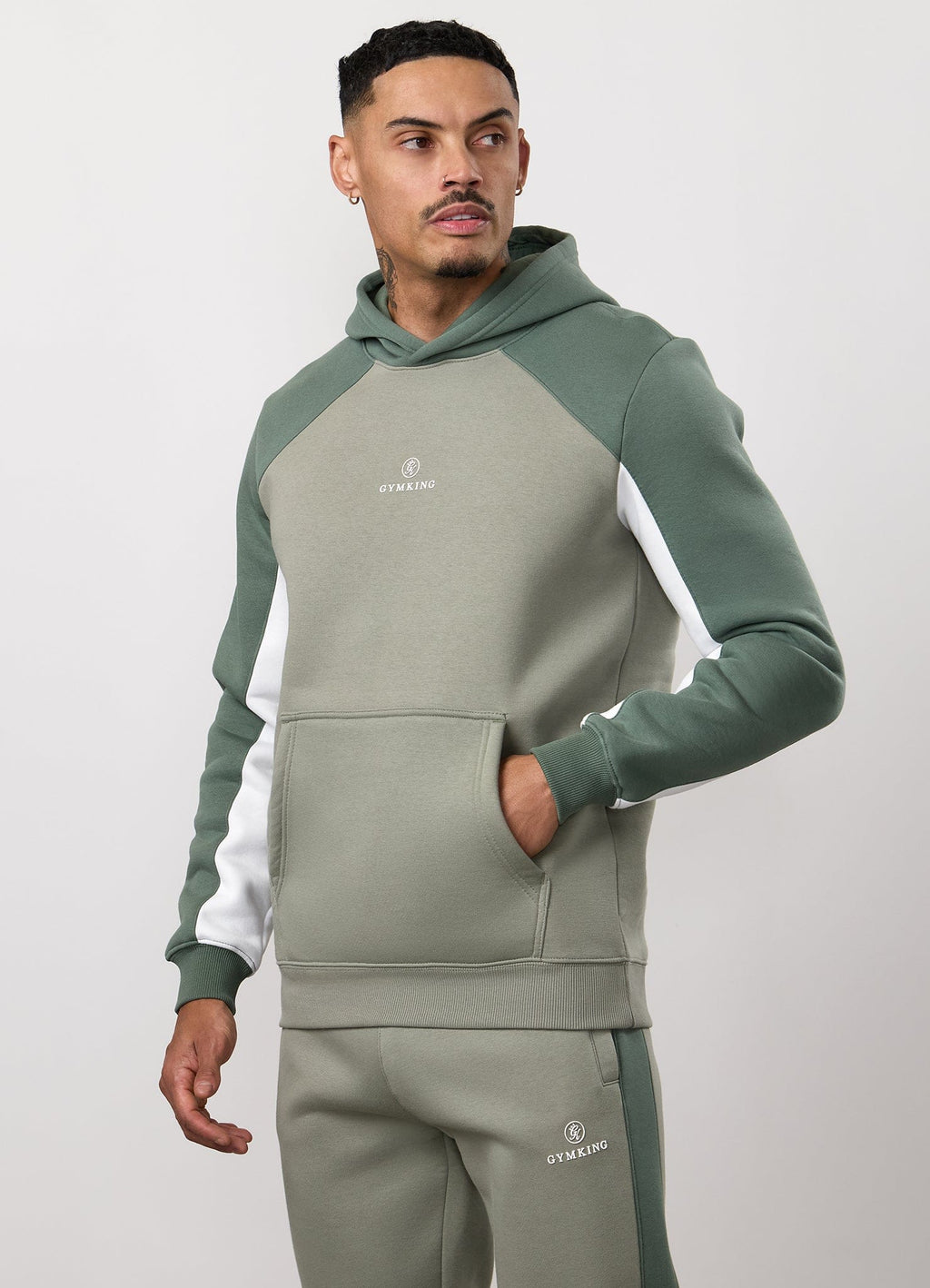 Gym King Power Colour Block Fleece Hoodie - Soft Khaki/Fern Green/White