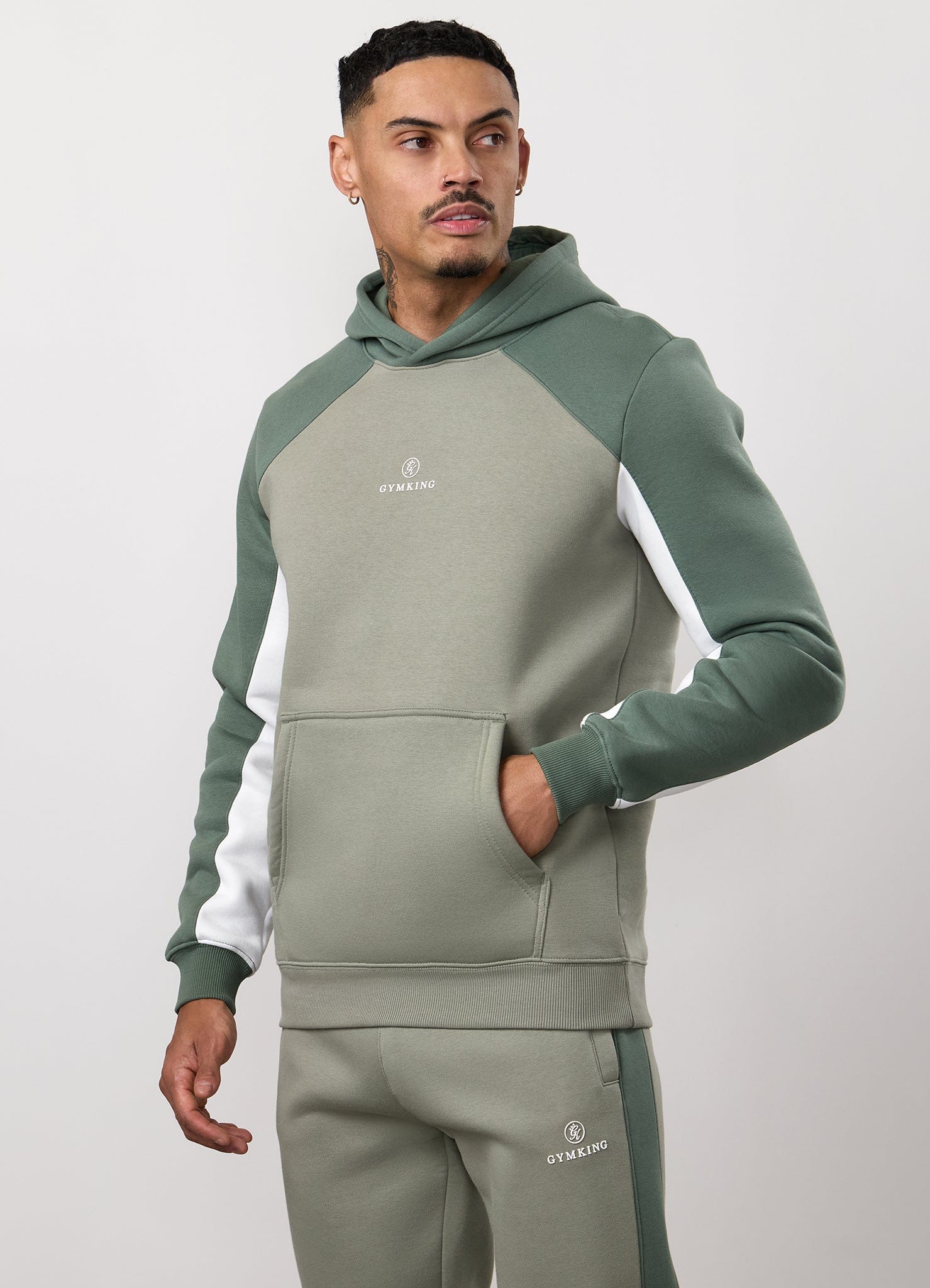 Gym King Power Colour Block Fleece Hoodie - Soft Khaki/Fern Green/White