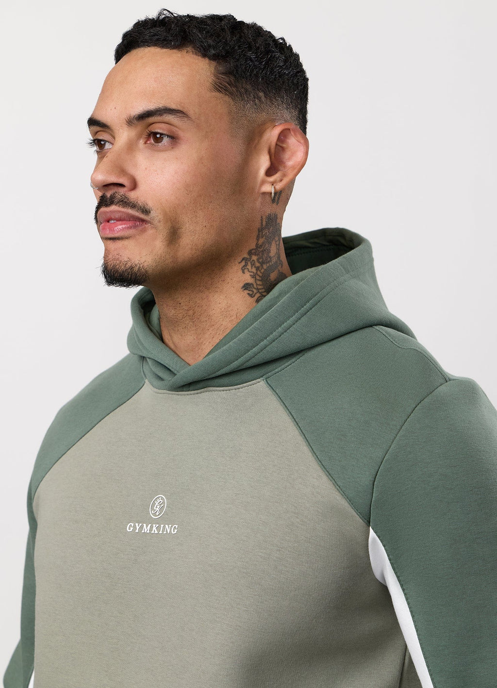 Gym King Power Colour Block Fleece Hoodie - Soft Khaki/Fern Green/White