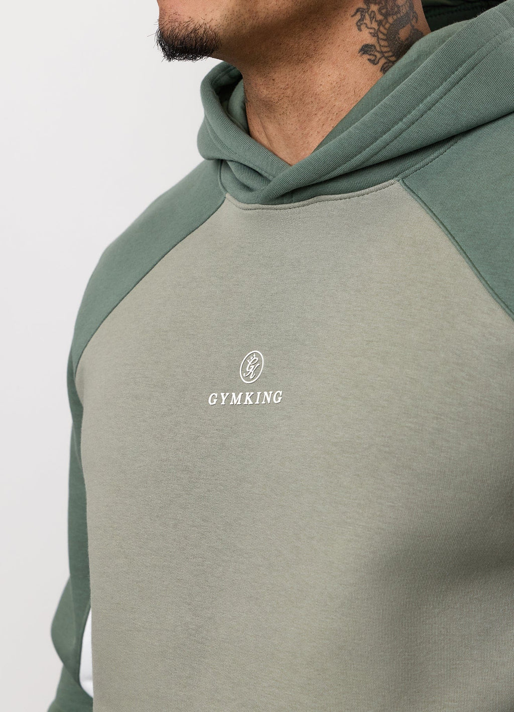 Gym King Power Colour Block Fleece Hoodie - Soft Khaki/Fern Green/White