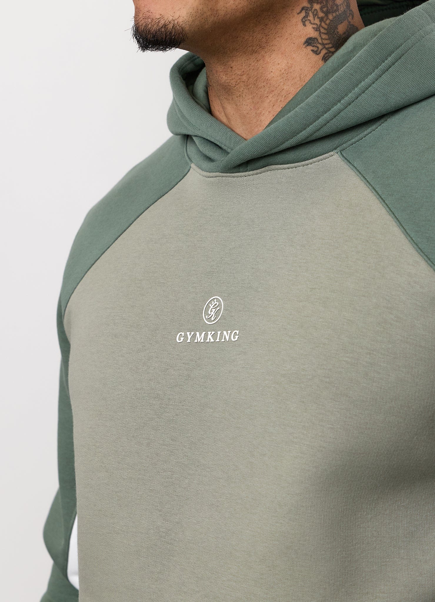 Gym King Power Colour Block Fleece Hoodie - Soft Khaki/Fern Green/White