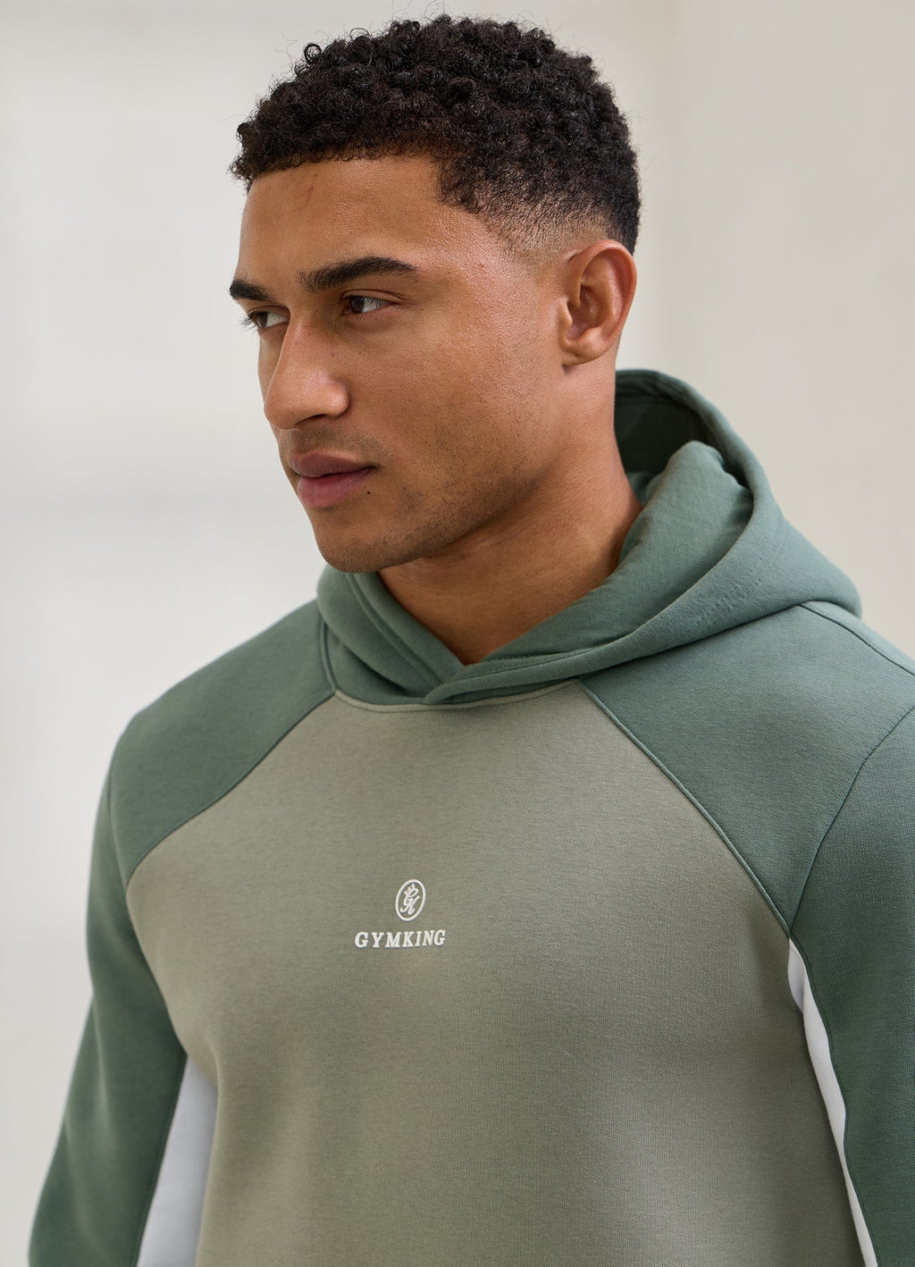 Gym King Power Colour Block Fleece Hoodie - Soft Khaki/Fern Green/White