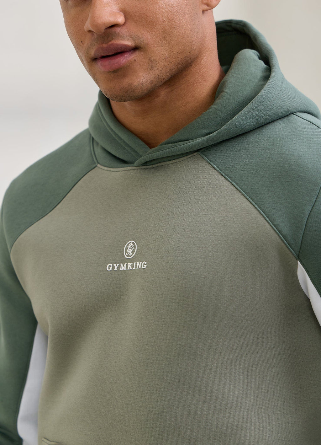 Gym King Power Colour Block Fleece Hoodie - Soft Khaki/Fern Green/White