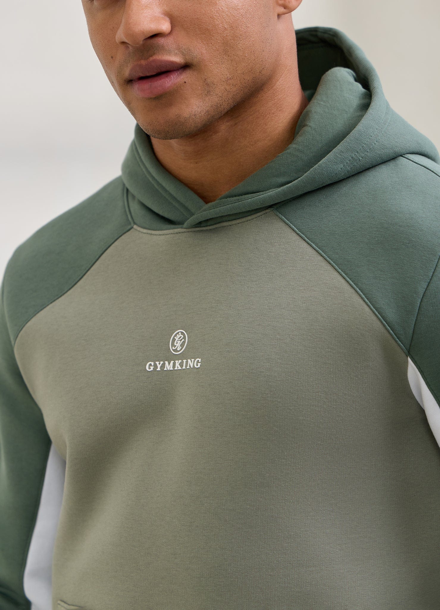 Gym King Power Colour Block Fleece Hoodie - Soft Khaki/Fern Green/White