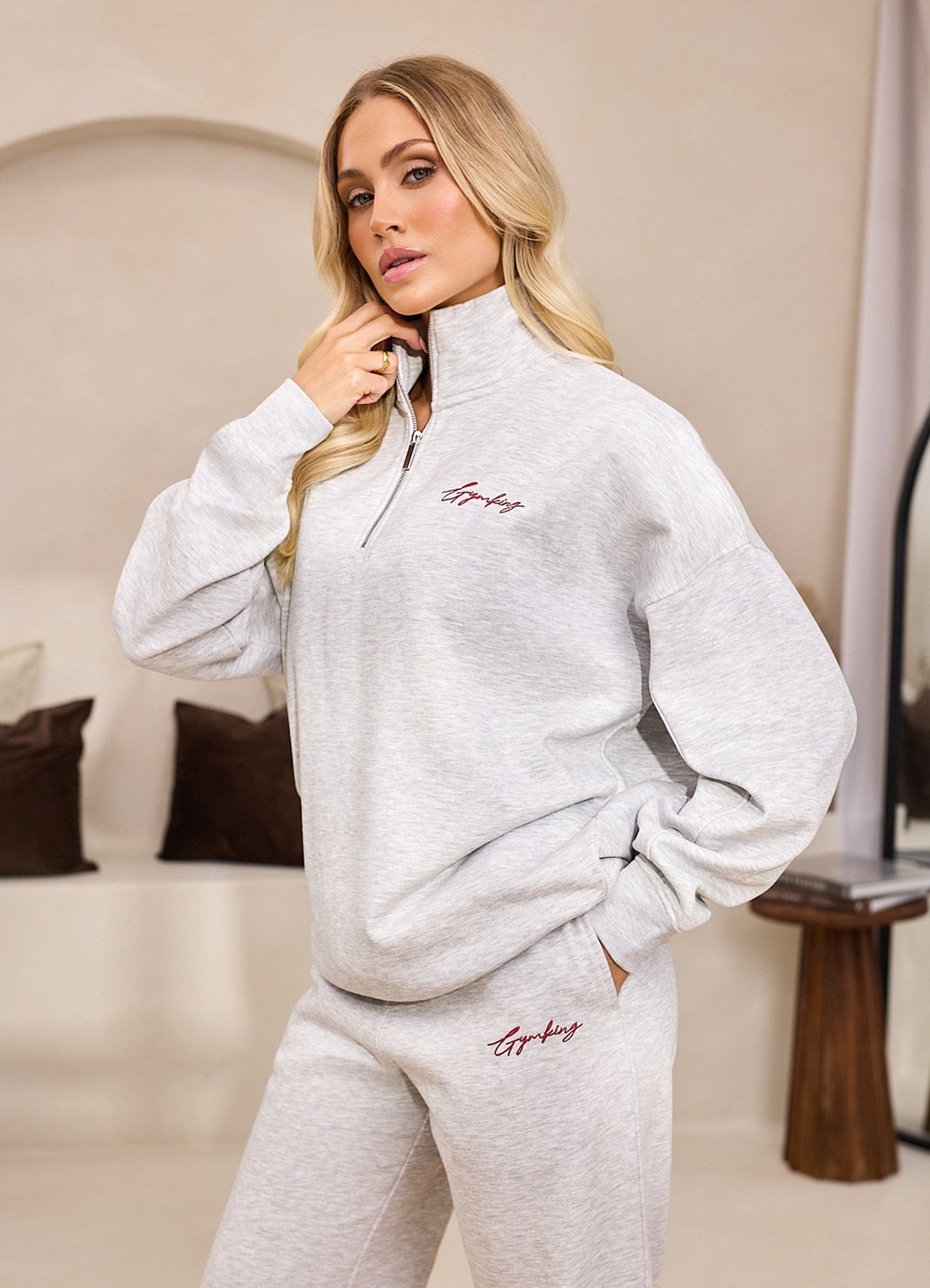 Gym King Script Mindset 1/4 Zip Funnel - Snow Marl