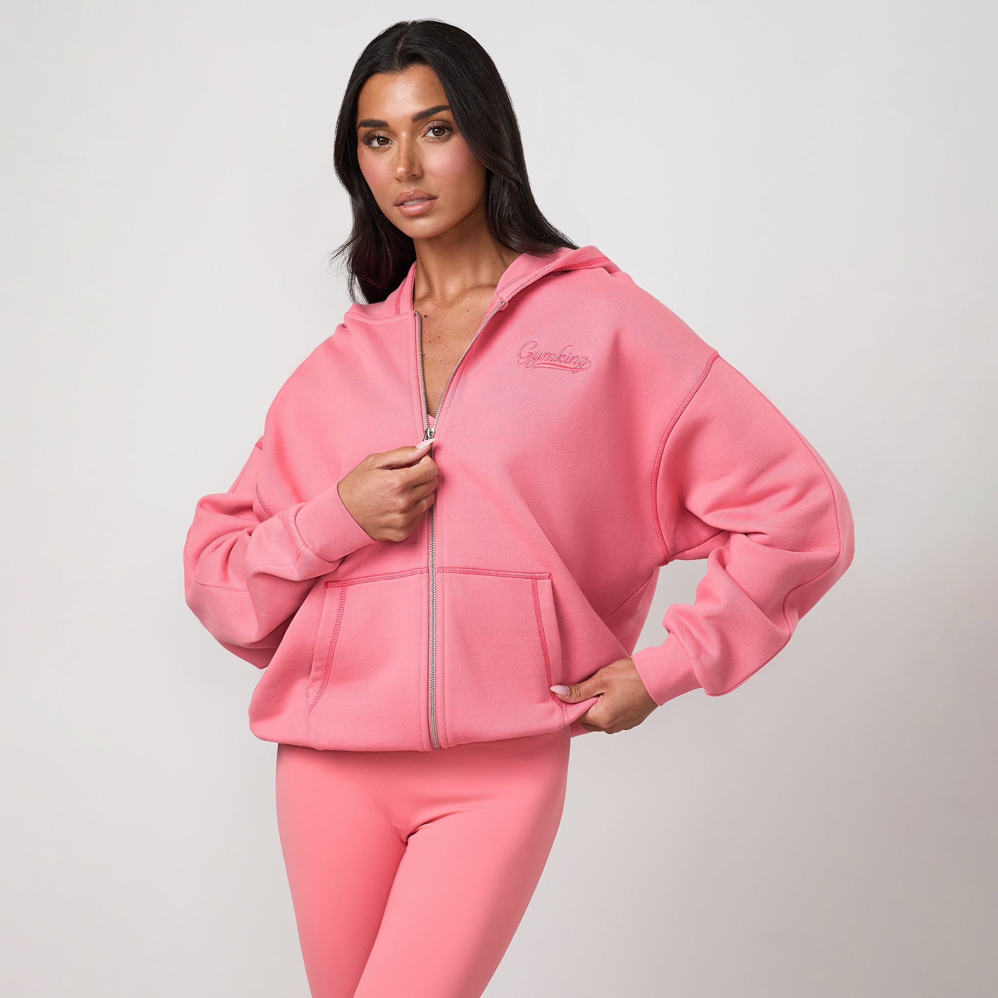 Gym King Renew Flatlock Full Zip Hoodie - Coral Punch