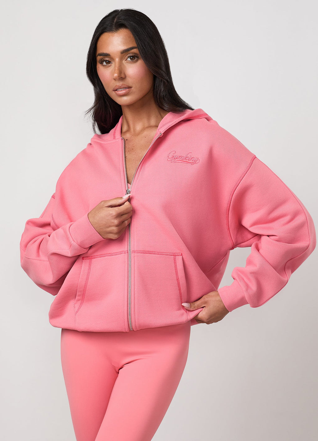 Gym King Renew Flatlock Full Zip Hoodie - Coral Punch