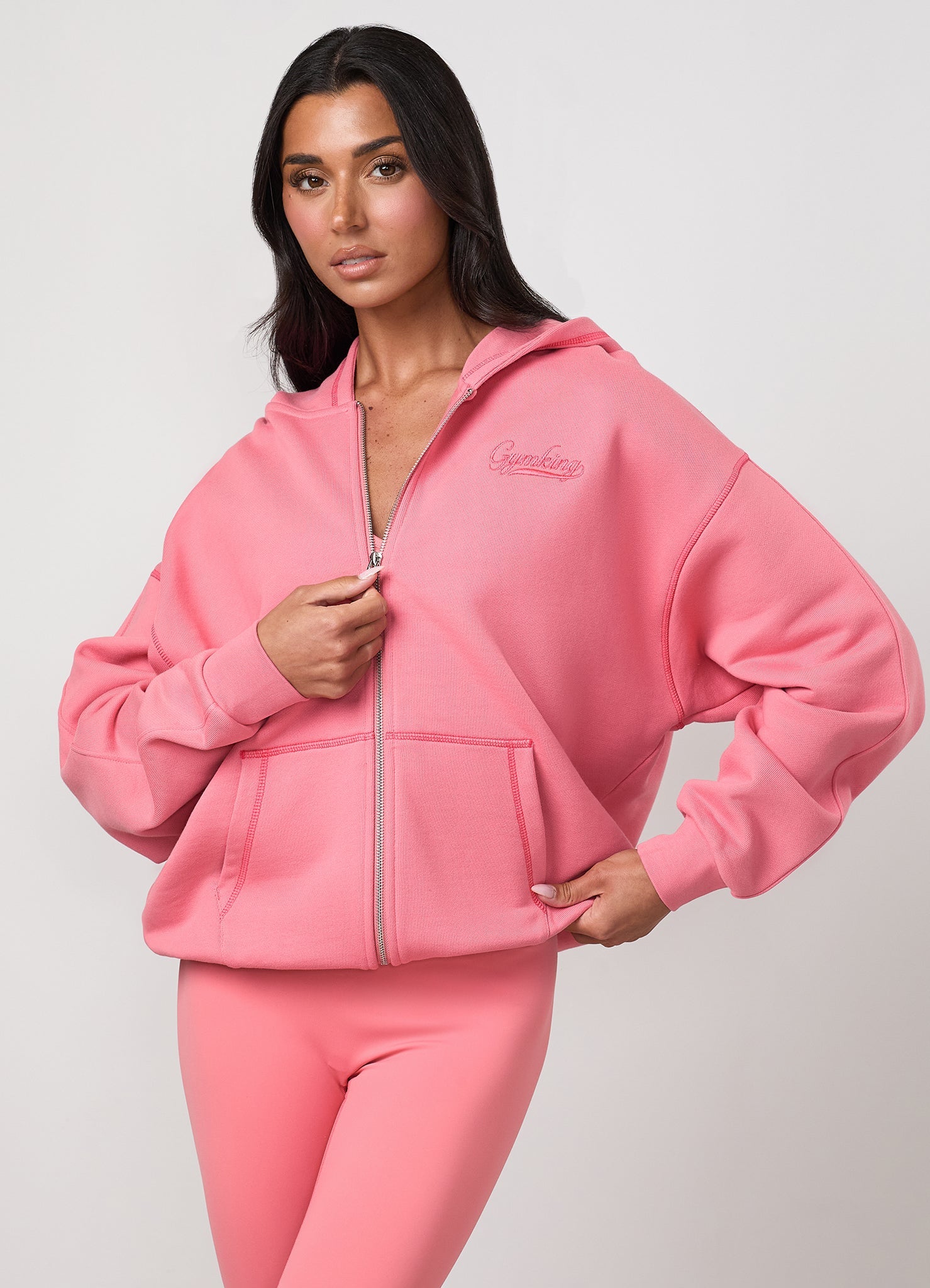 Gym King Renew Flatlock Full Zip Hoodie - Coral Punch