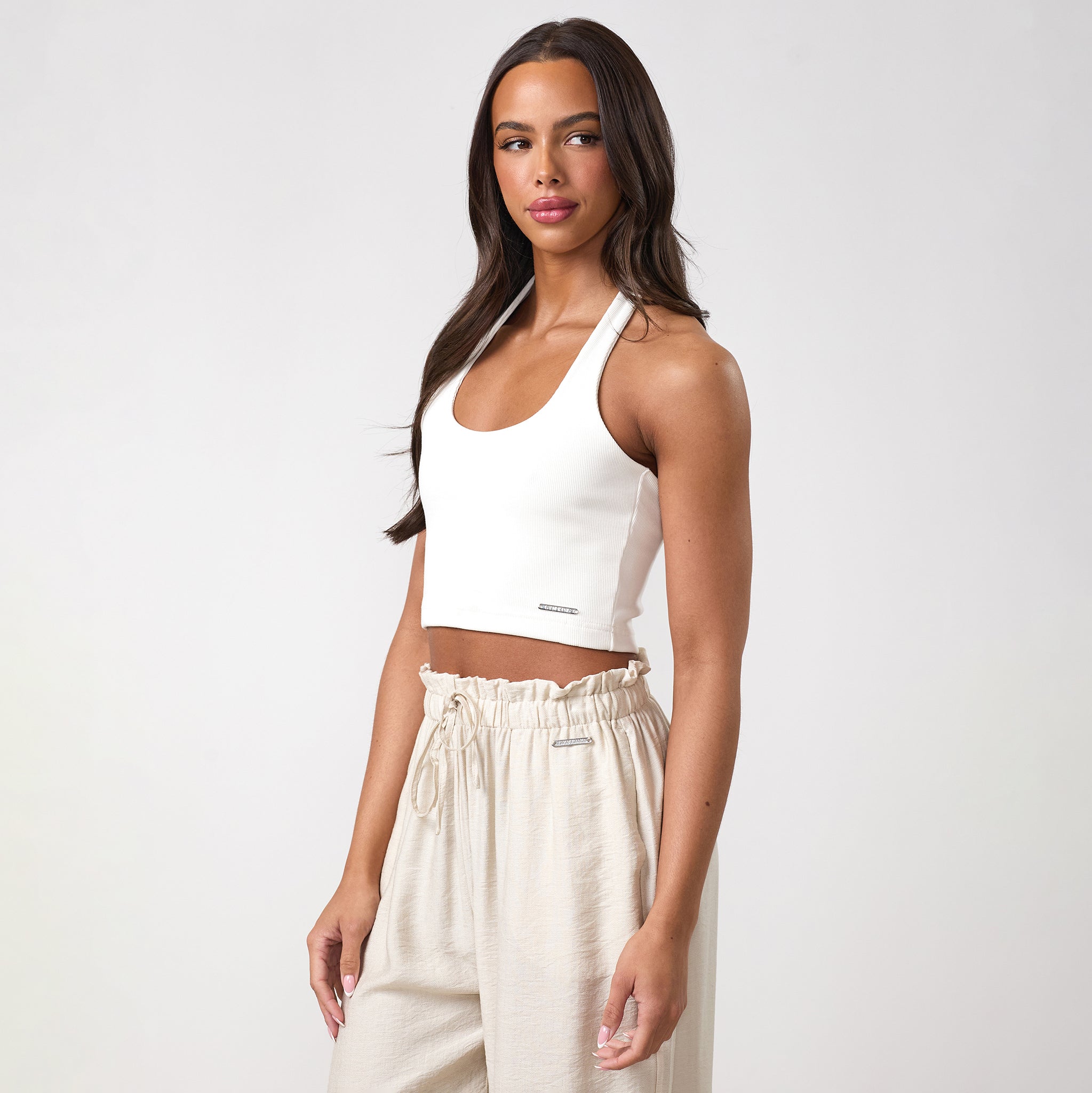Gym King Rib Halter Neck Top - Cream