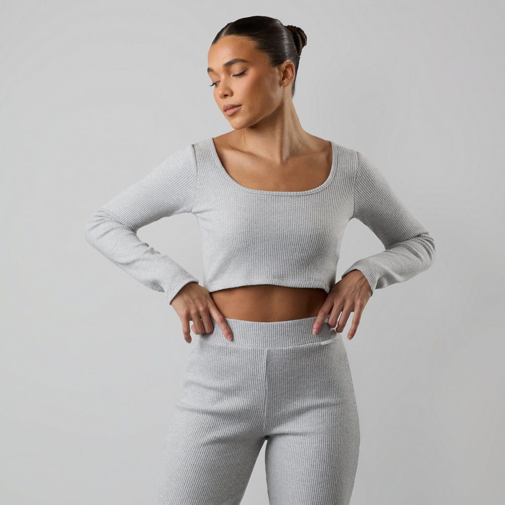 Gym King Serenity Rib Square Neck Long Sleeve Tee - Grey Marl