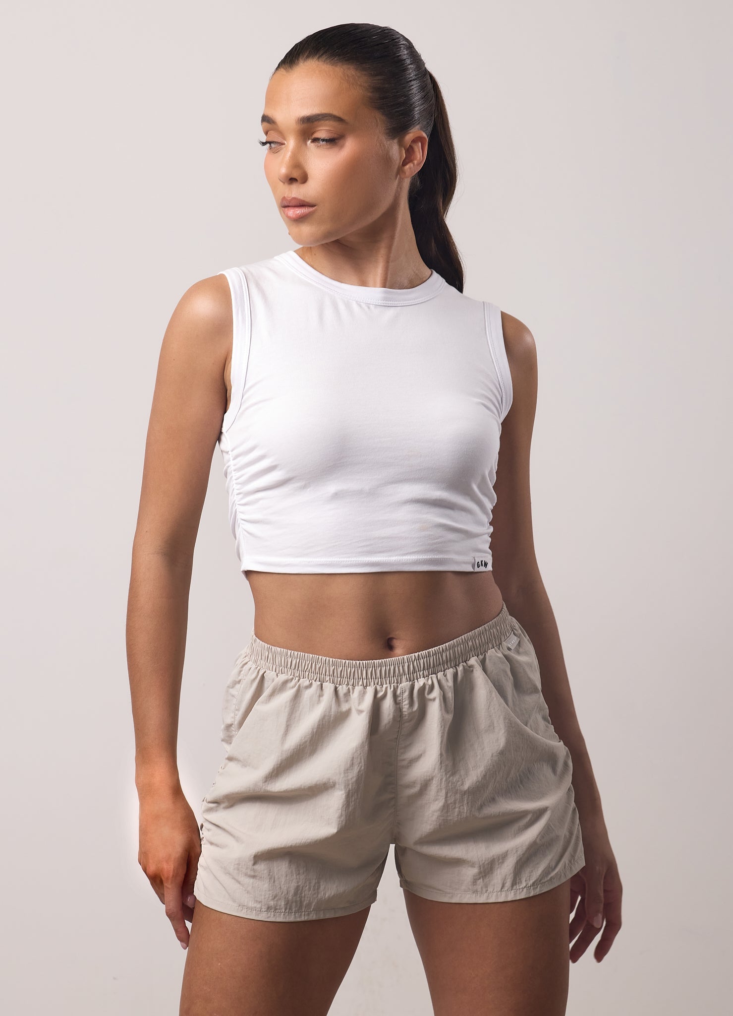 Gym King Ruched Woven Short - Light Stone