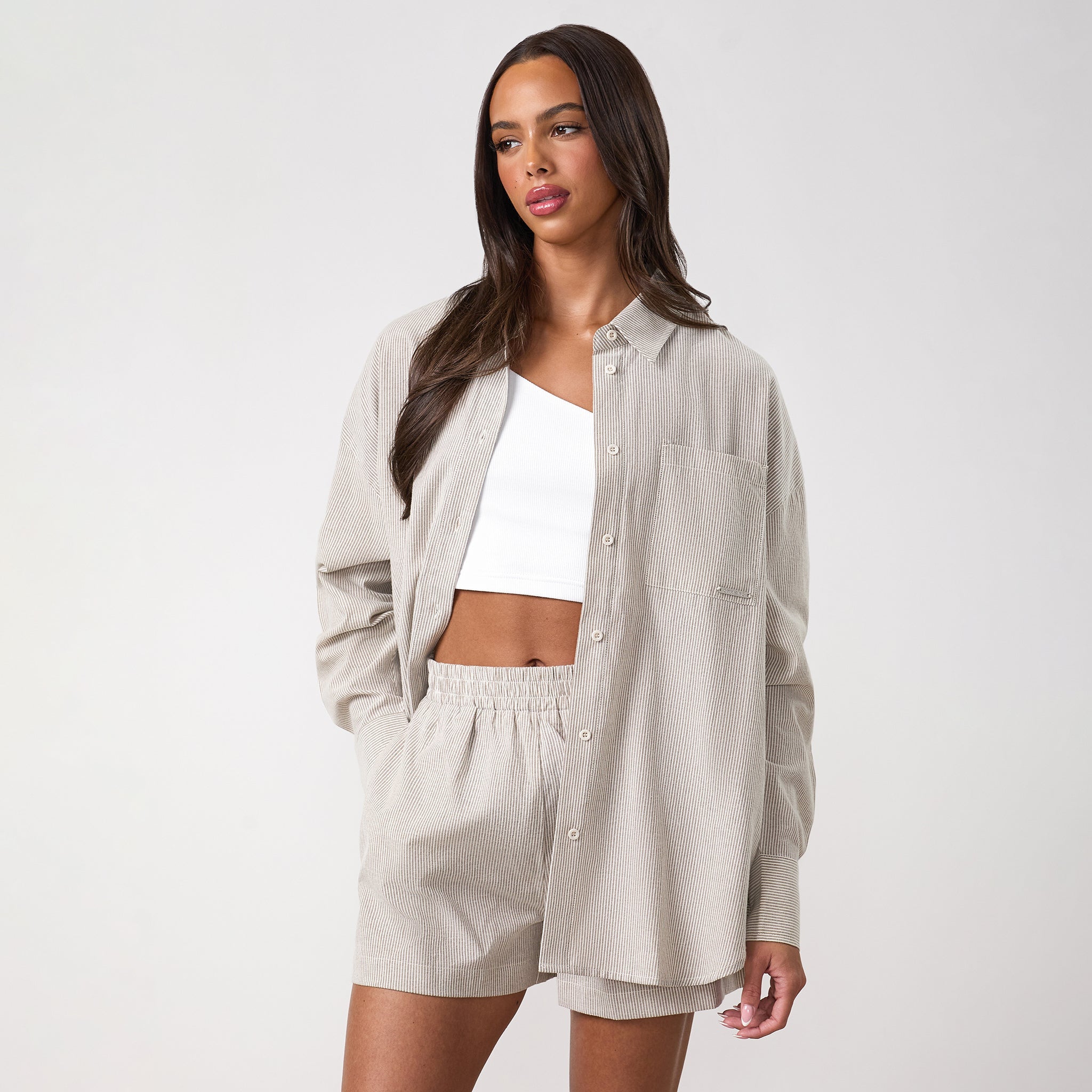 Gym King Signature Poplin Stripe Shirt - Dune/White Stripe