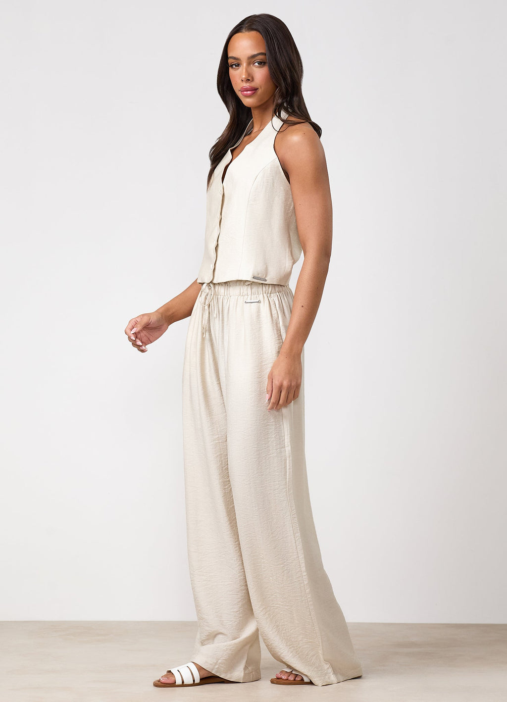 Gym King Signature Woven Halter Neck Vest - Warm Linen