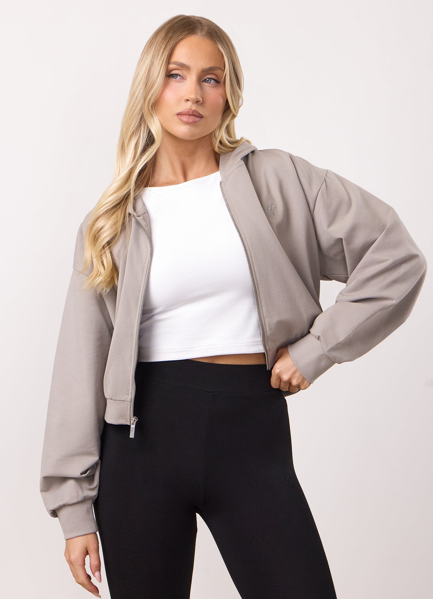 Gym King Victory Lightweight Loopback Full Zip Crop Hoodie - Taupe